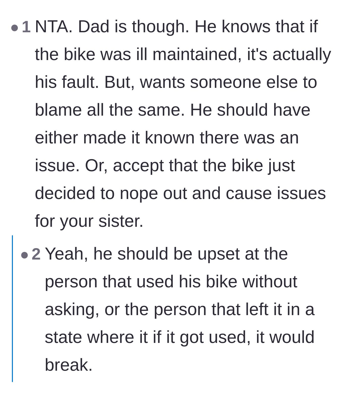 Comment thread 2 - Readers pointing out that the dad is likely shifting blame for his own poorly maintained bike.
