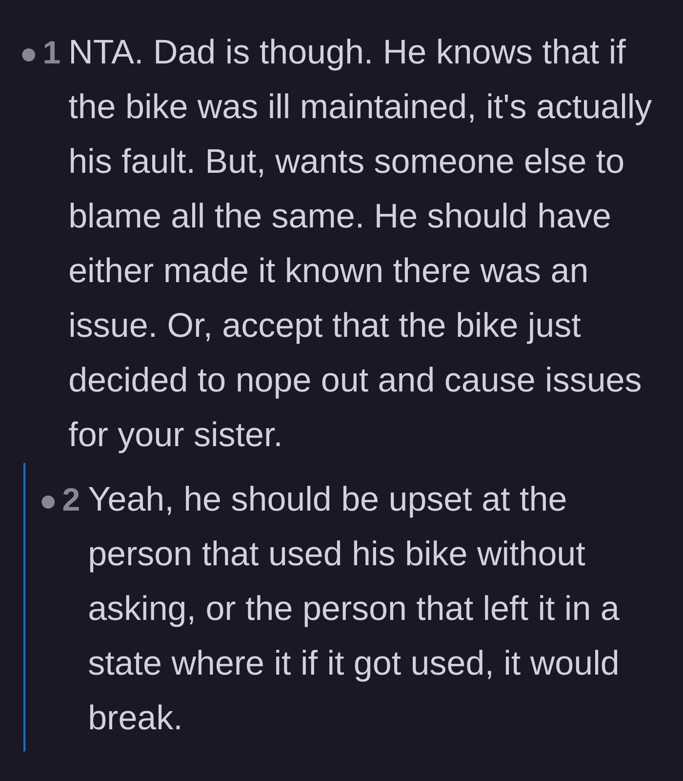 Comment thread 2 - Readers pointing out that the dad is likely shifting blame for his own poorly maintained bike.