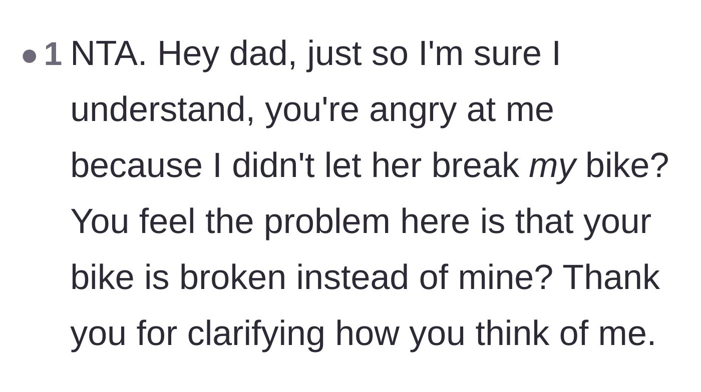 Comment thread 6 - A suggested sarcastic script asking the dad if he'd prefer the narrator's bike was broken instead.