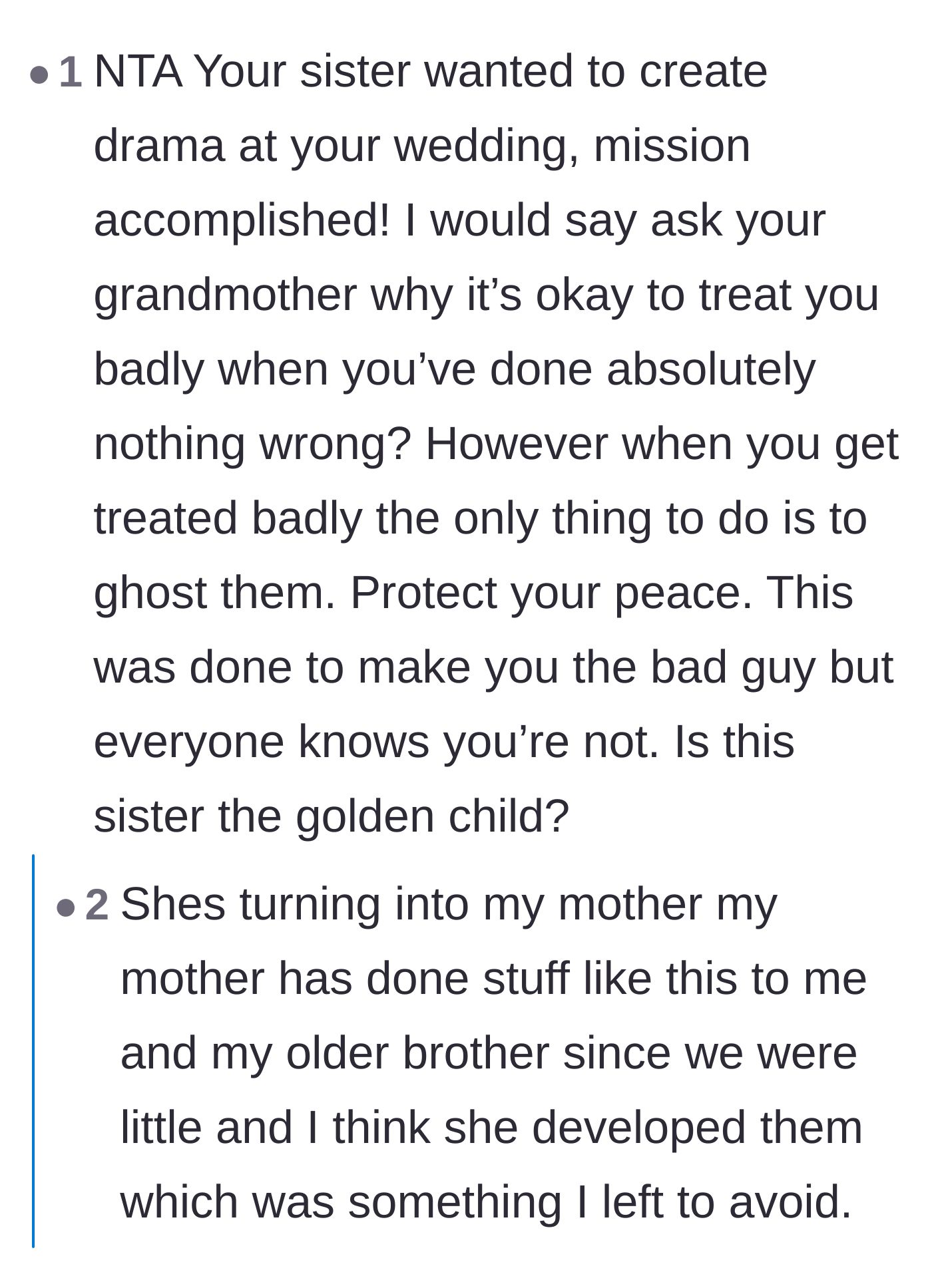 Comment thread 2 - A deep dive into the golden child dynamic and how the mother's toxic behavior is rubbing off on the younger sister.