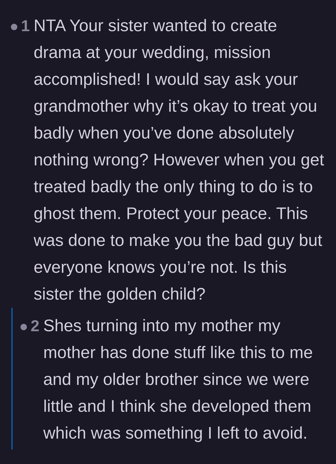 Comment thread 2 - A deep dive into the golden child dynamic and how the mother's toxic behavior is rubbing off on the younger sister.