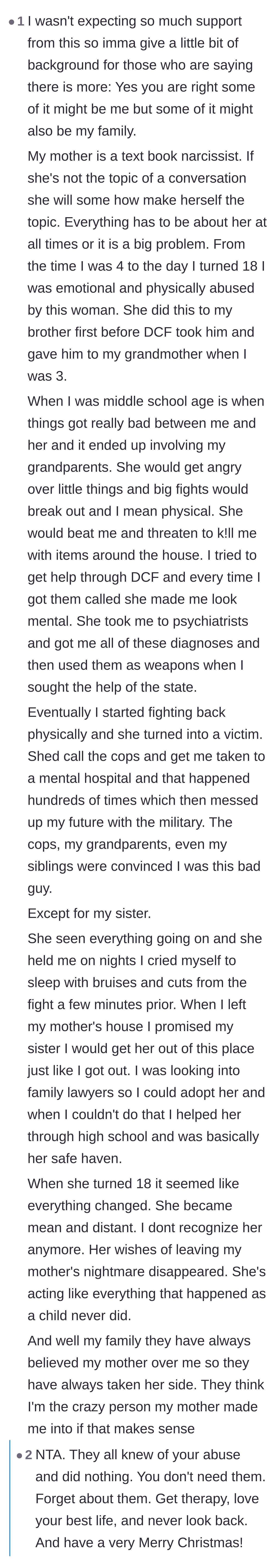 Comment thread 3 - The main character reveals a devastating history of severe childhood abuse by her mother and how her sister was once her only ally.