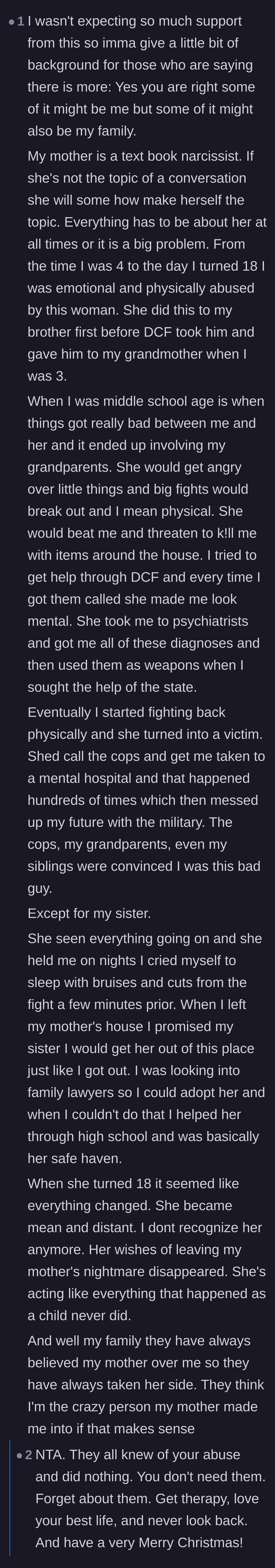 Comment thread 3 - The main character reveals a devastating history of severe childhood abuse by her mother and how her sister was once her only ally.