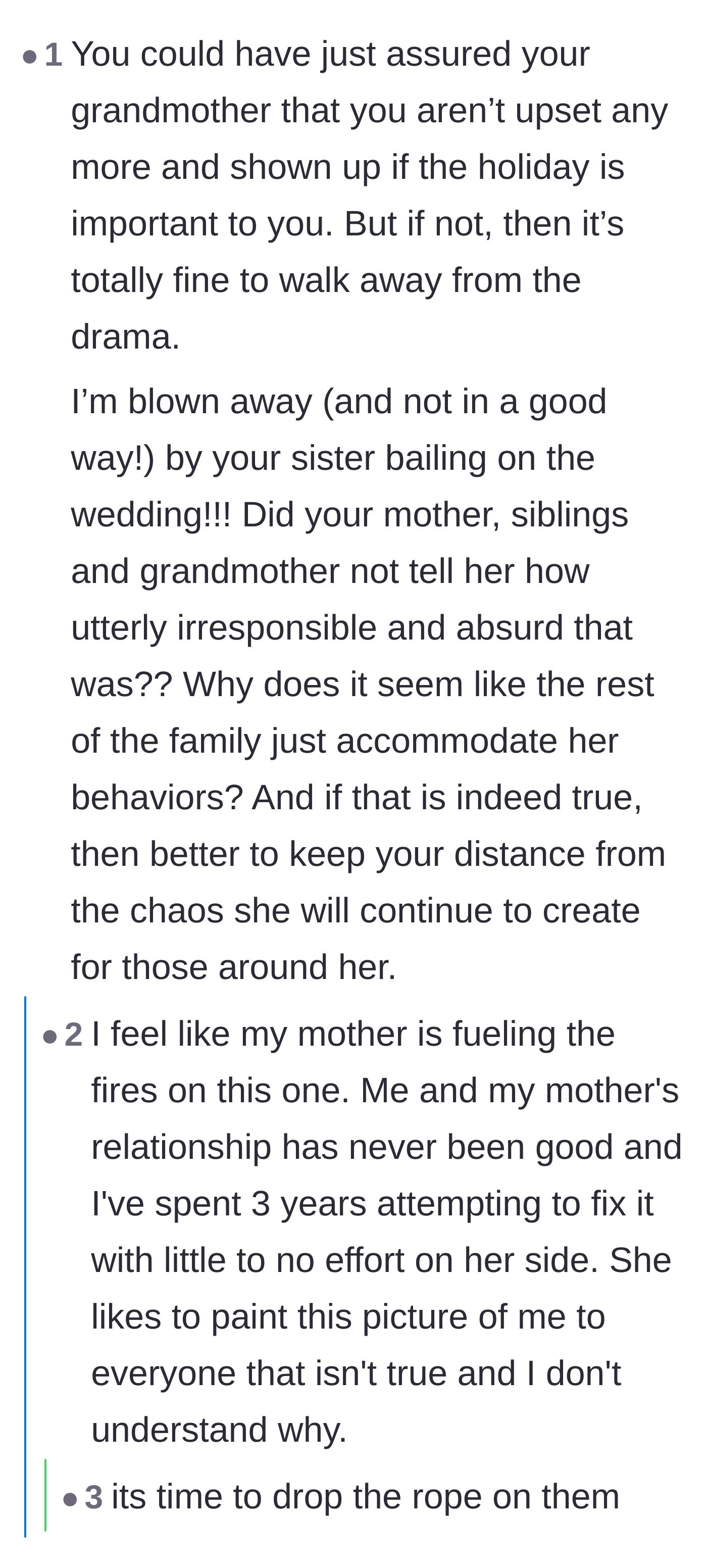 Comment thread 6 - Discussion on the mother's role as the puppet master and why it's time to stop trying to fix the relationship.