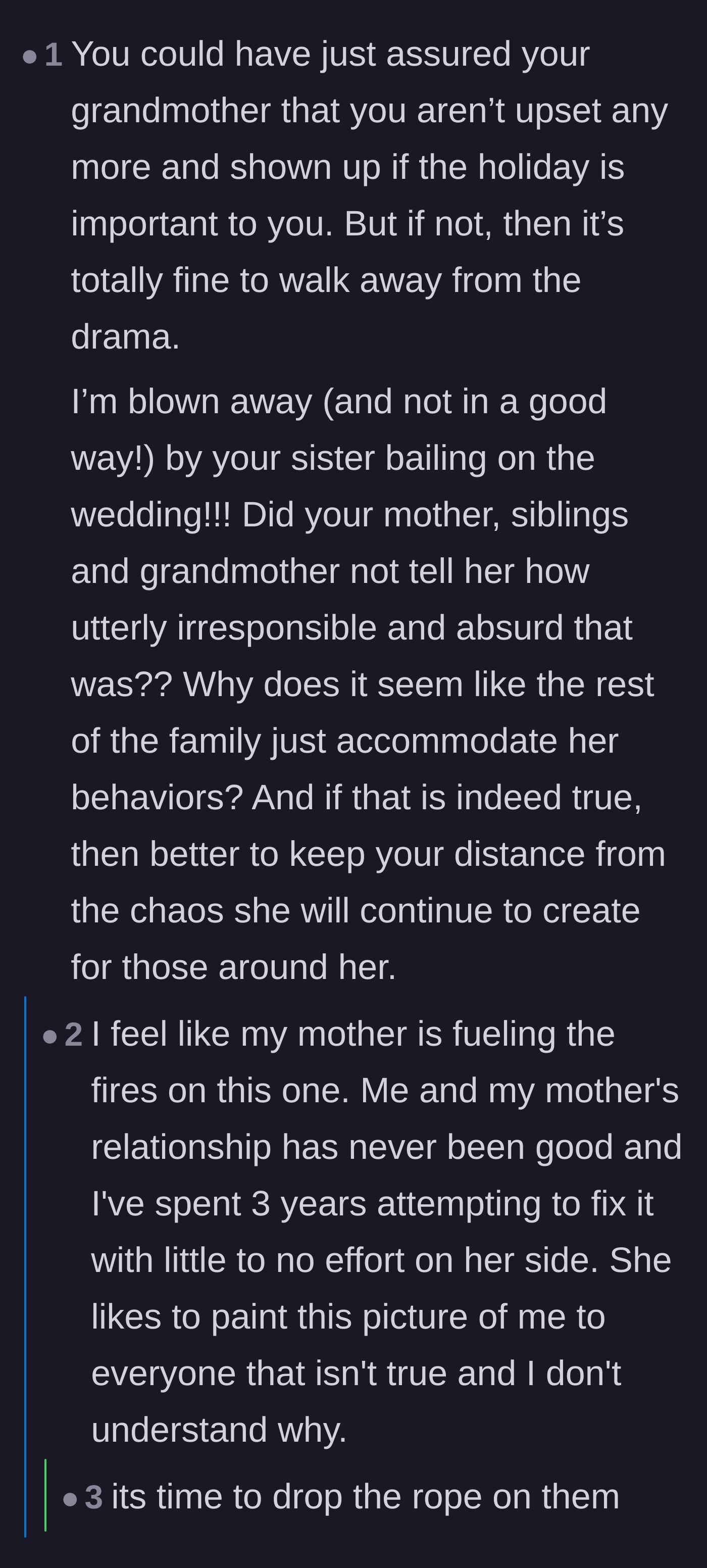 Comment thread 6 - Discussion on the mother's role as the puppet master and why it's time to stop trying to fix the relationship.