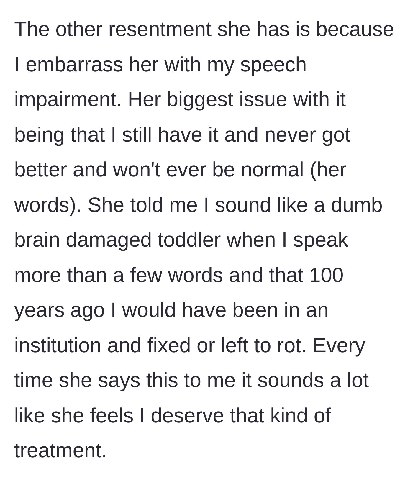 Story part 4 - The sister cruelly mocks his lifelong speech impairment, suggesting he belongs in a 1920s institution.