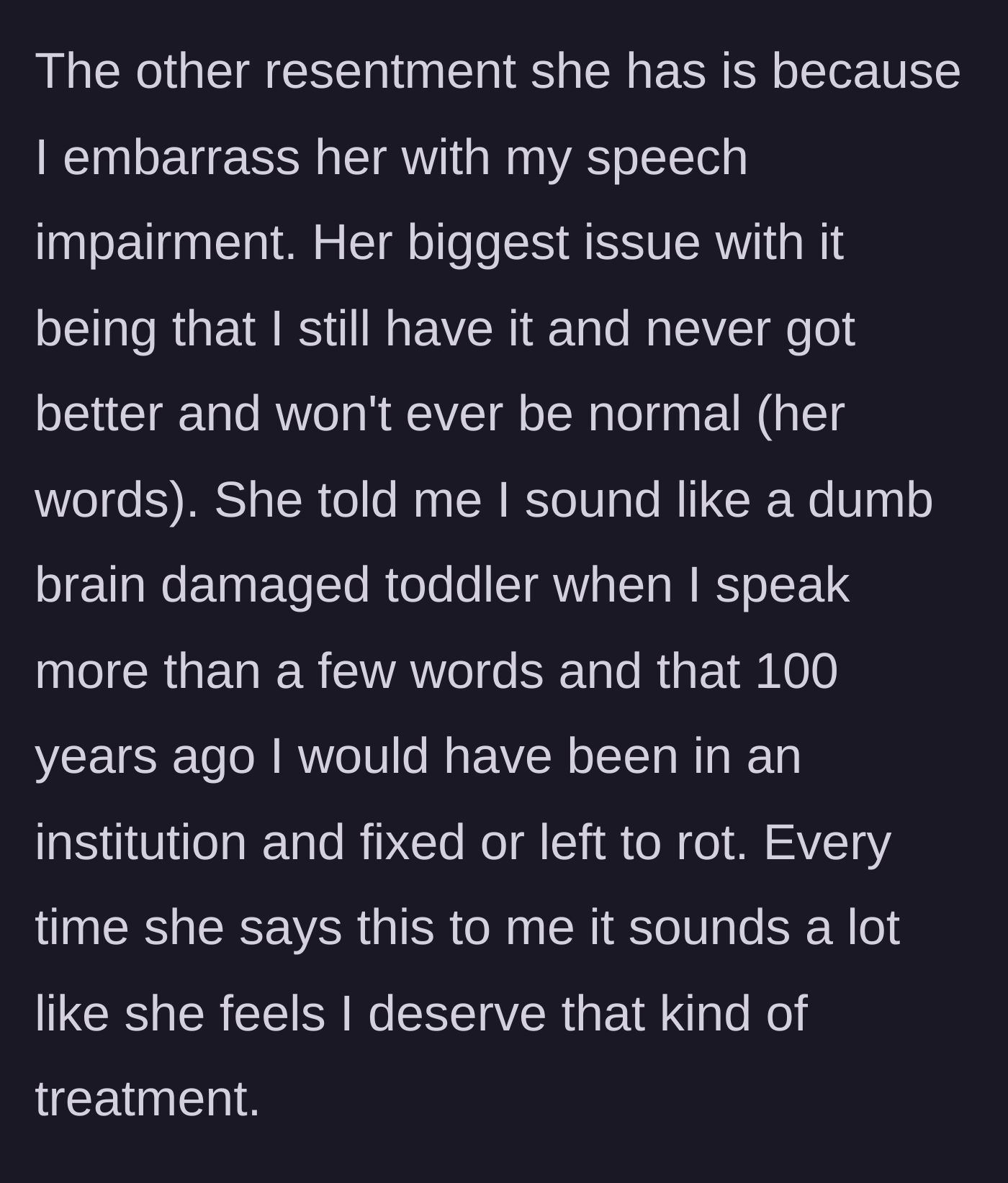 Story part 4 - The sister cruelly mocks his lifelong speech impairment, suggesting he belongs in a 1920s institution.
