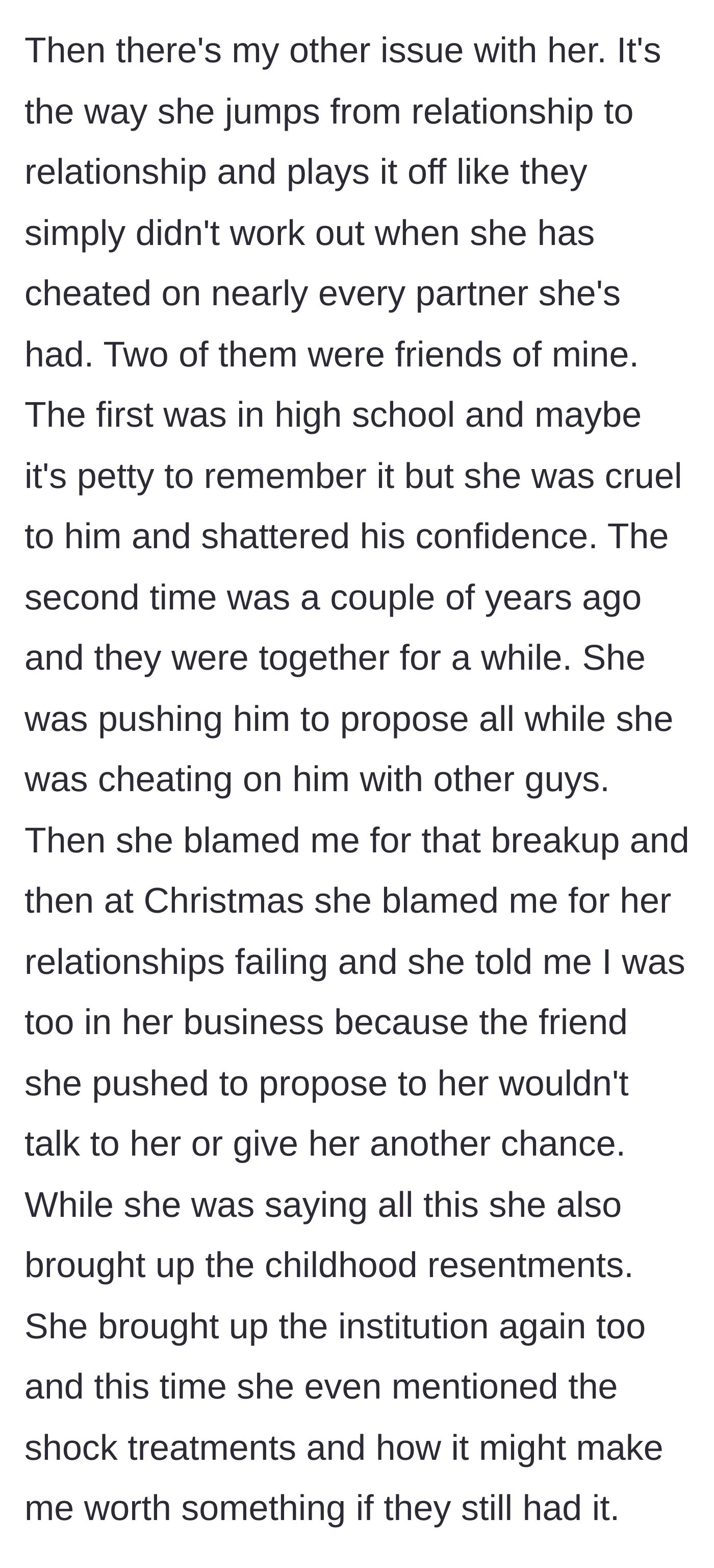 Story part 6 - The sister's history of serial cheating, including with the brother's friends, culminates in a cruel Christmas blowout.