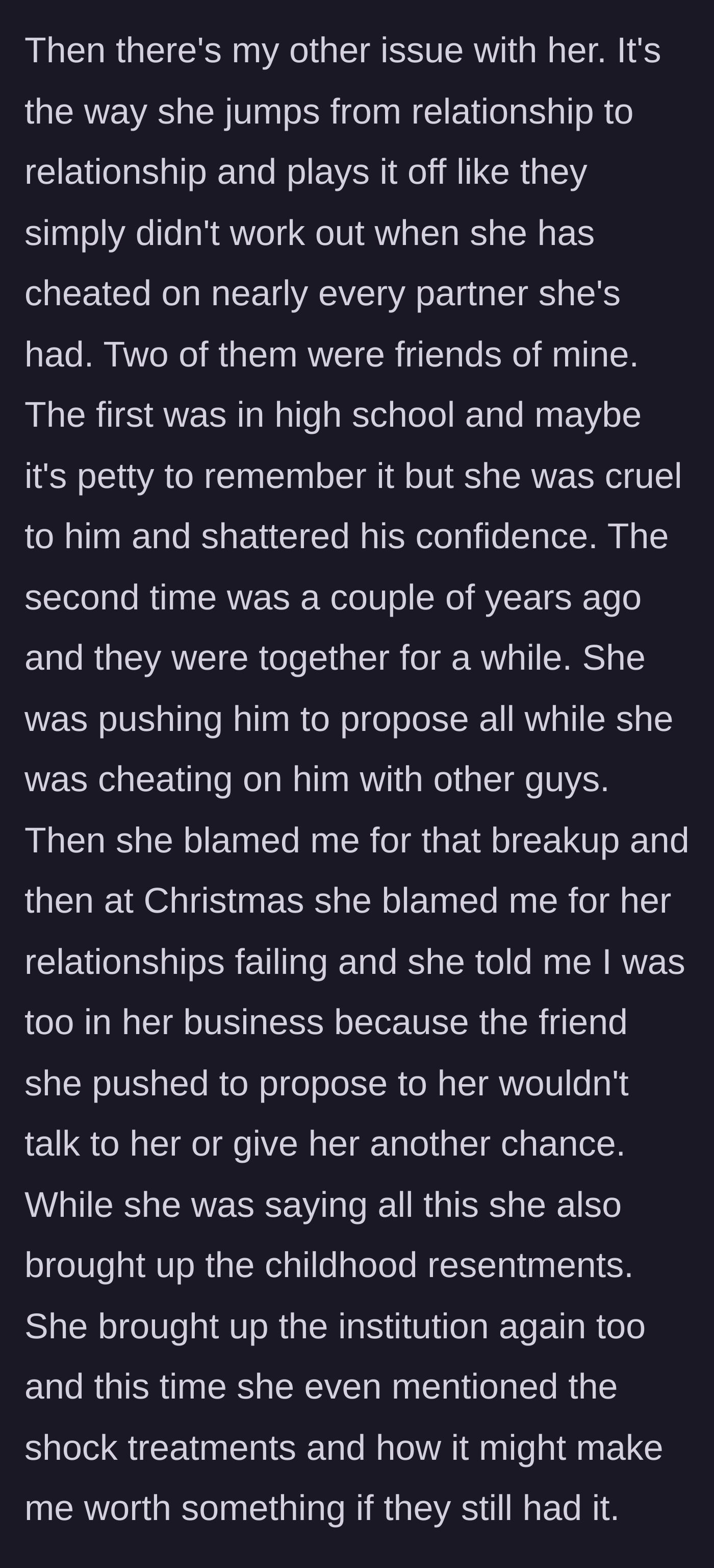 Story part 6 - The sister's history of serial cheating, including with the brother's friends, culminates in a cruel Christmas blowout.
