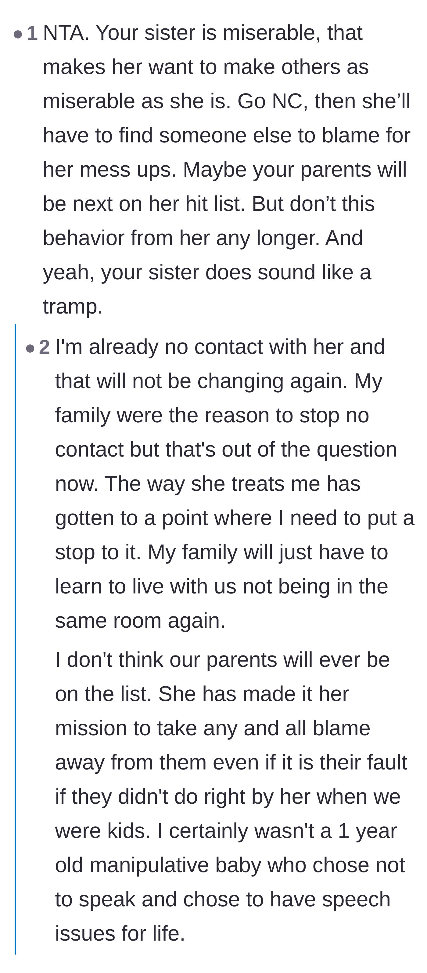 Comment thread 3 - A harsh assessment of the sister's misery and the brother's resignation to permanent estrangement.