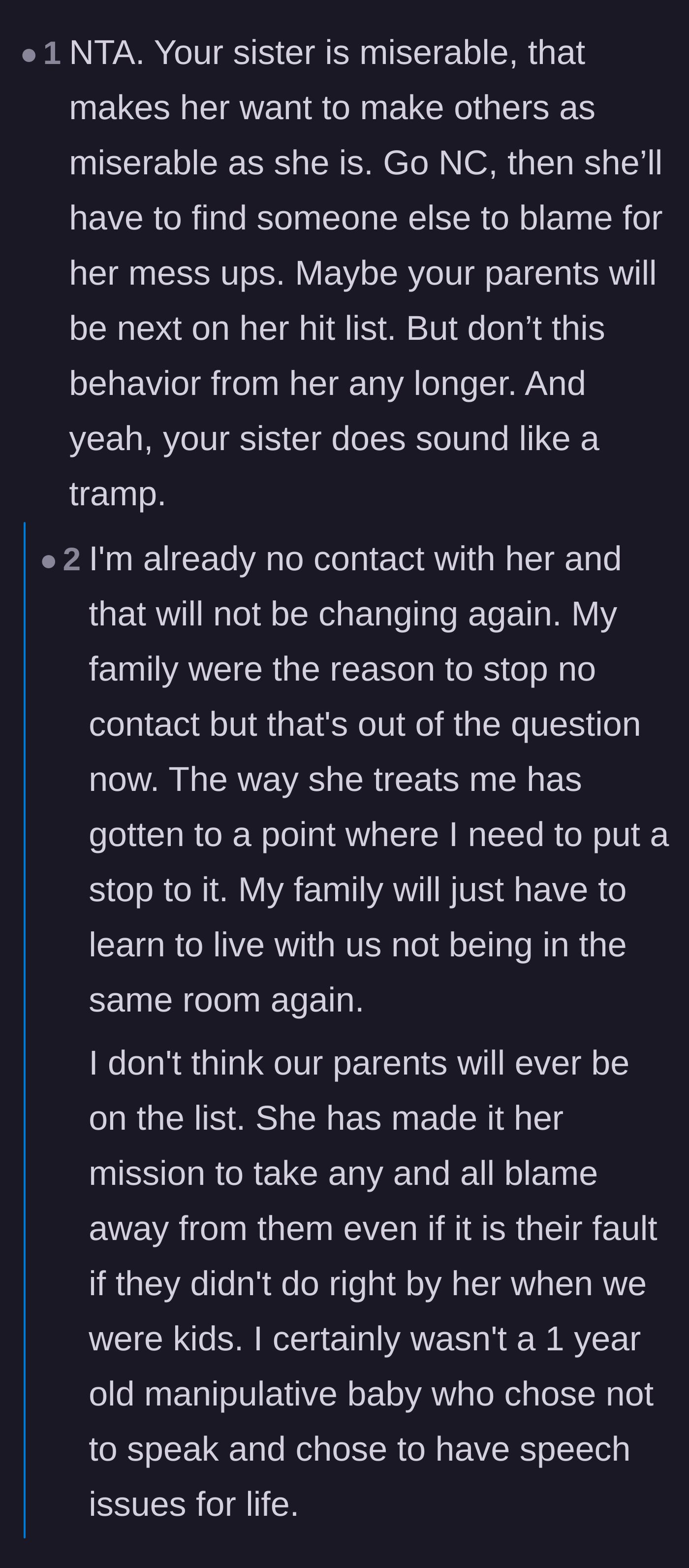 Comment thread 3 - A harsh assessment of the sister's misery and the brother's resignation to permanent estrangement.