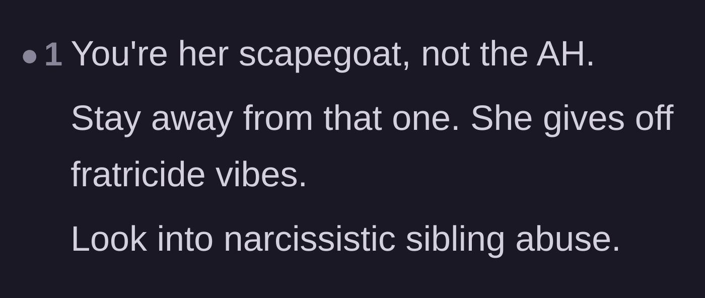 Comment thread 6 - Identifying the sister's behavior as textbook narcissistic abuse and labeling the brother as the designated scapegoat.