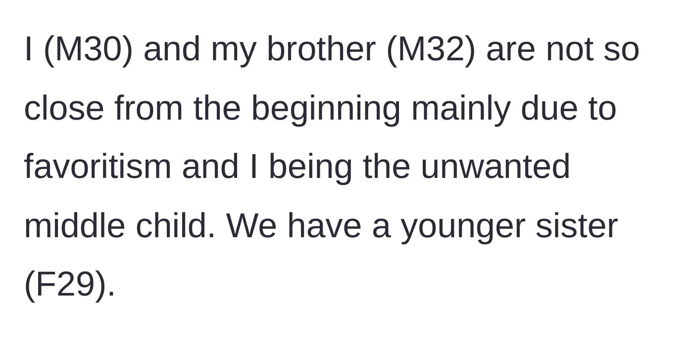 Story part 1 - A brief introduction outlining the siblings and the stark favoritism favoring the older brother.