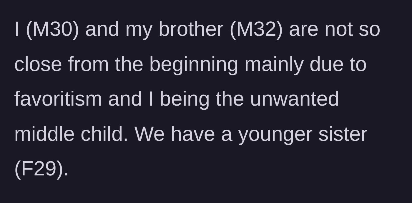 Story part 1 - A brief introduction outlining the siblings and the stark favoritism favoring the older brother.