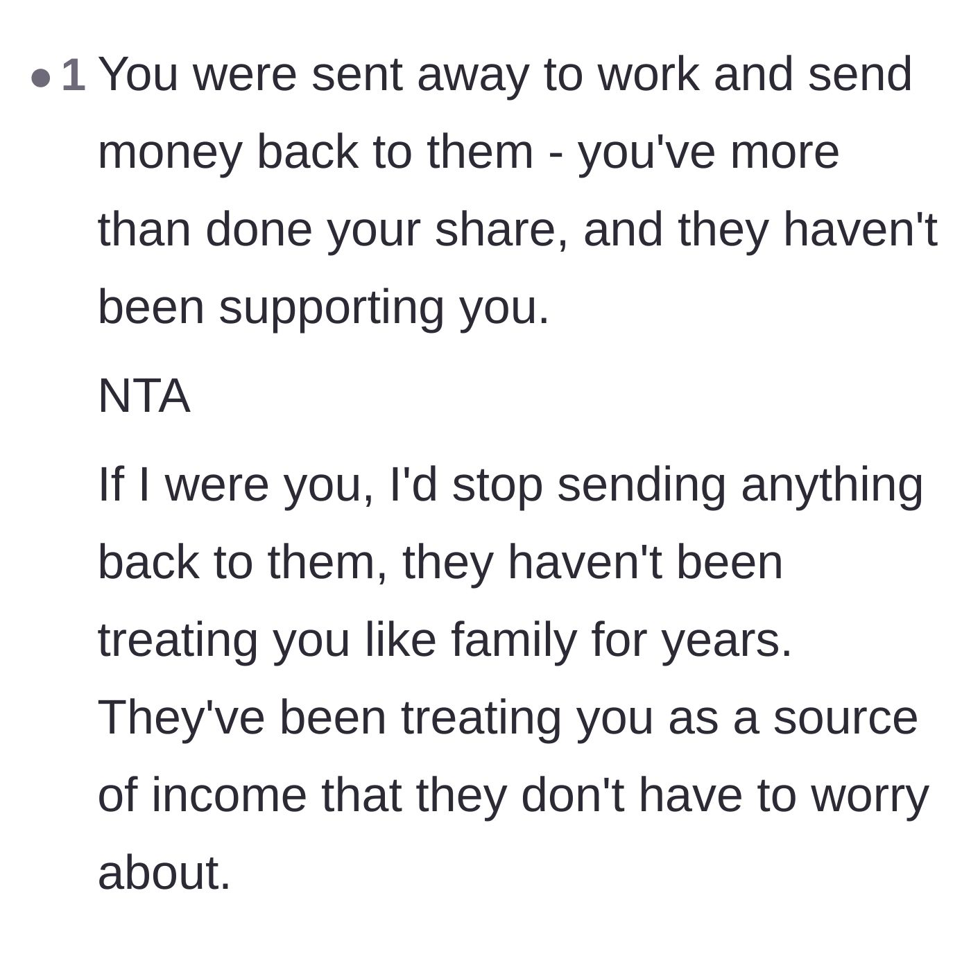 Comment thread 1 - Advice on cutting off the family for treating him like a passive income source.
