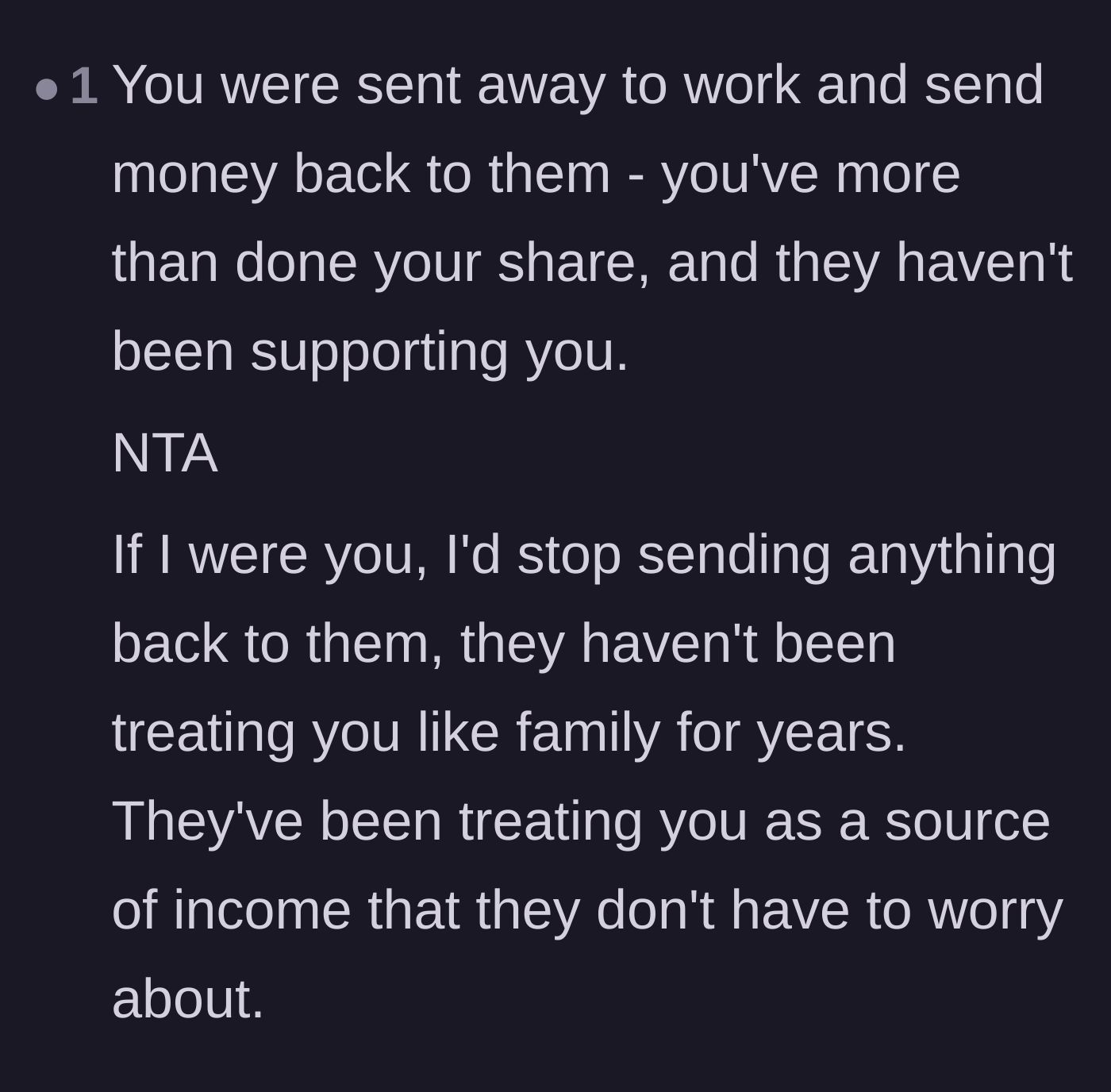 Comment thread 1 - Advice on cutting off the family for treating him like a passive income source.