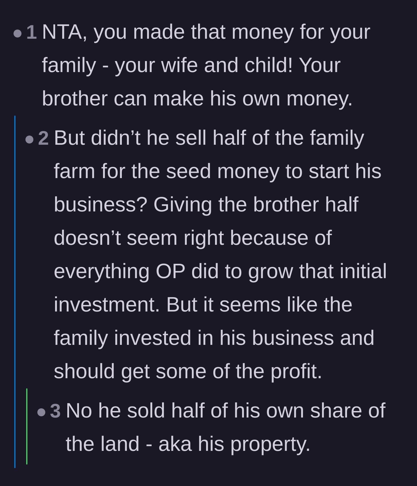 Comment thread 4 - Debate and clarification confirming he used his own assets for startup capital, not family money.