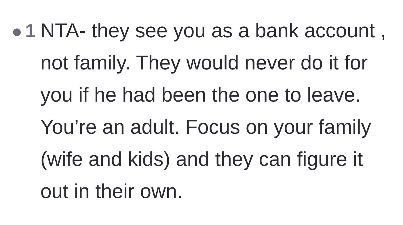 Comment thread 5 - Support for prioritizing his wife and child over the family treating him like an ATM.