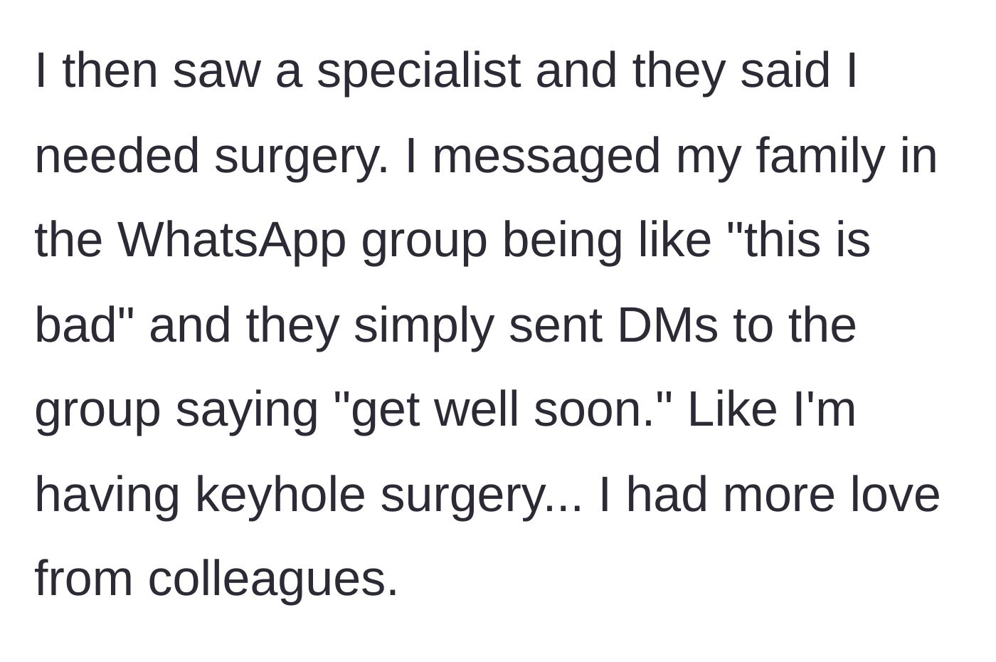 Story part 2 - Main character announces the need for keyhole surgery in a family group chat and receives only cold, generic well-wishes.