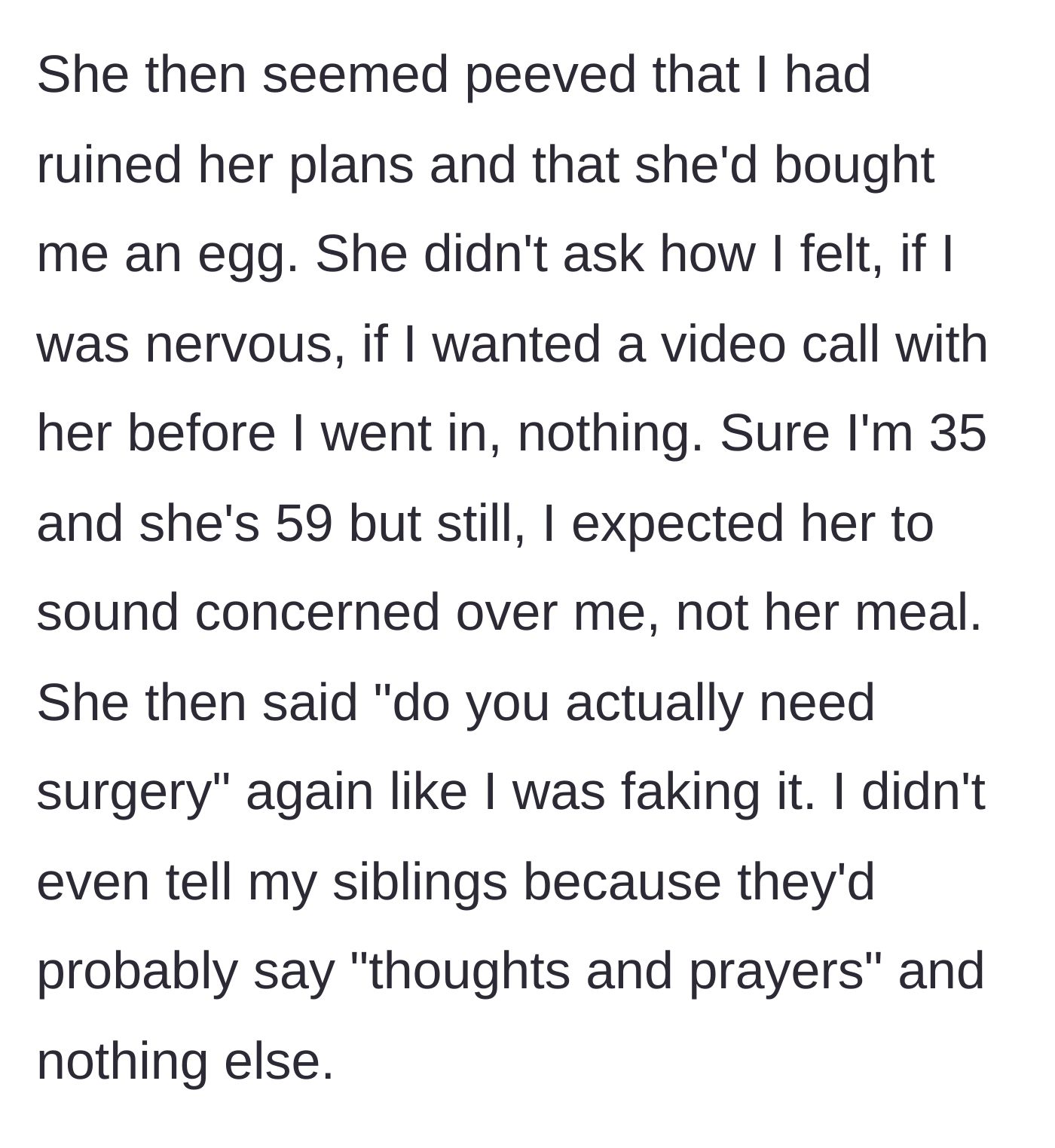 Story part 4 - Mother expresses anger over ruined Easter plans, complains about buying a chocolate egg, and accuses main character of faking the need for surgery.