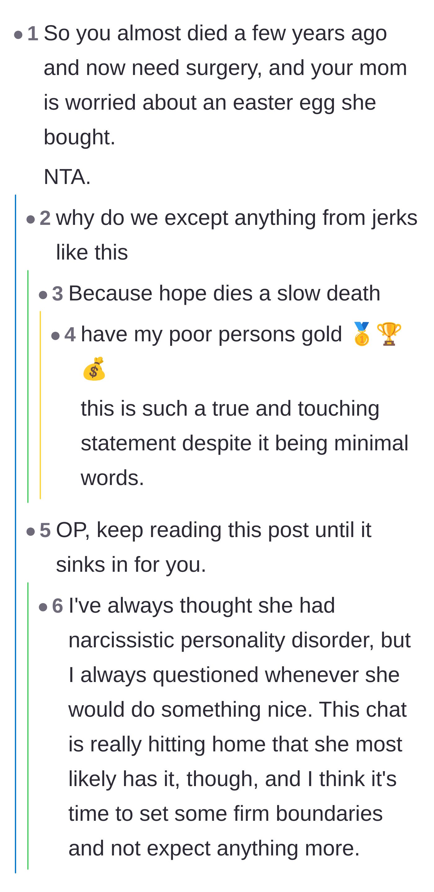 Comment thread 1 - Readers discussing the mother's narcissistic tendencies while a stranger offers to visit the main character in the hospital