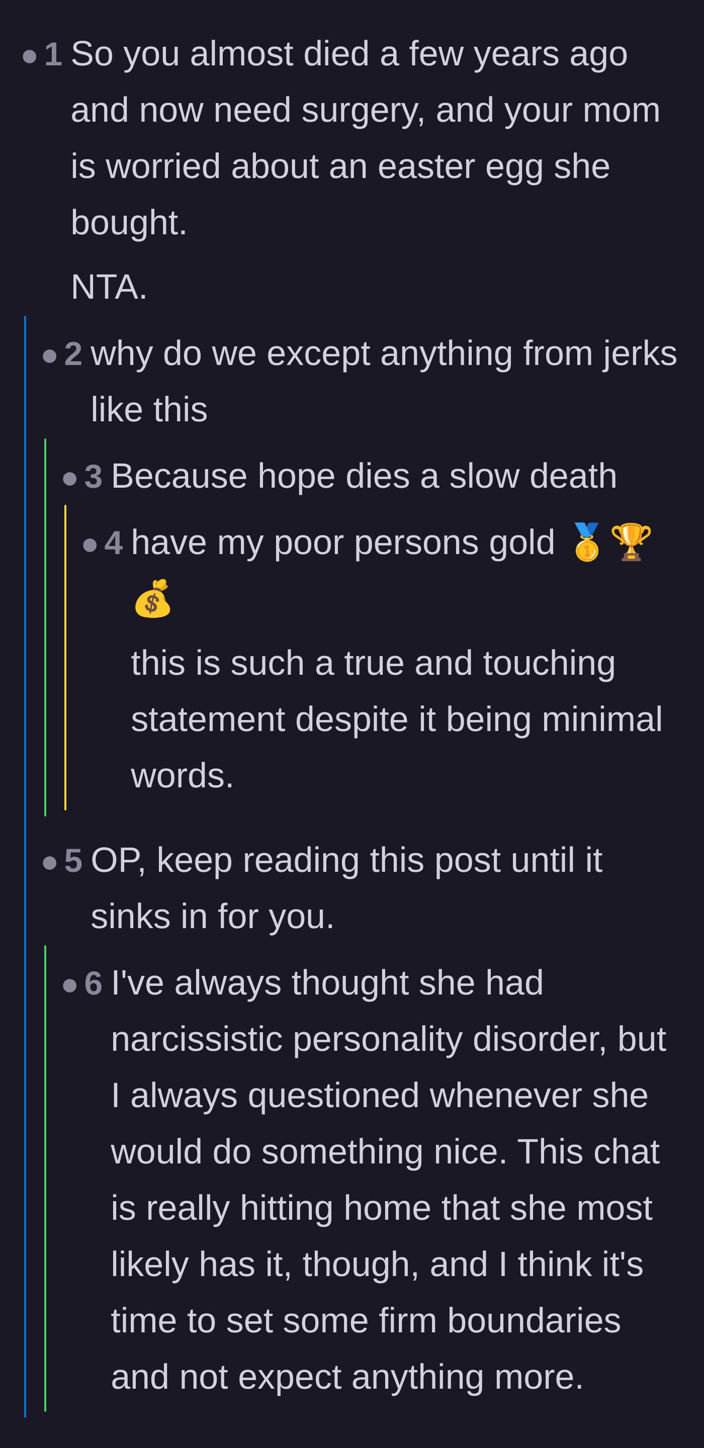 Comment thread 1 - Readers discussing the mother's narcissistic tendencies while a stranger offers to visit the main character in the hospital