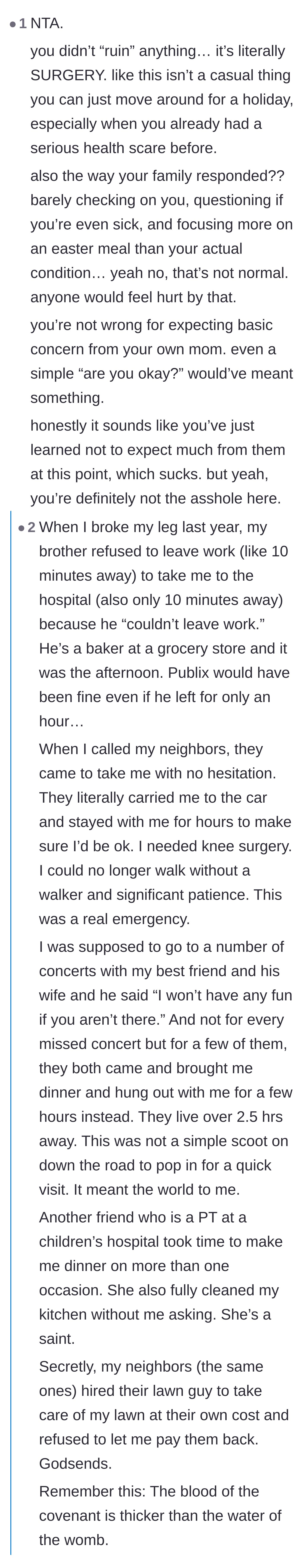 Comment thread 3 - A commenter sharing their own story of chosen family stepping up during a medical crisis when blood relatives failed