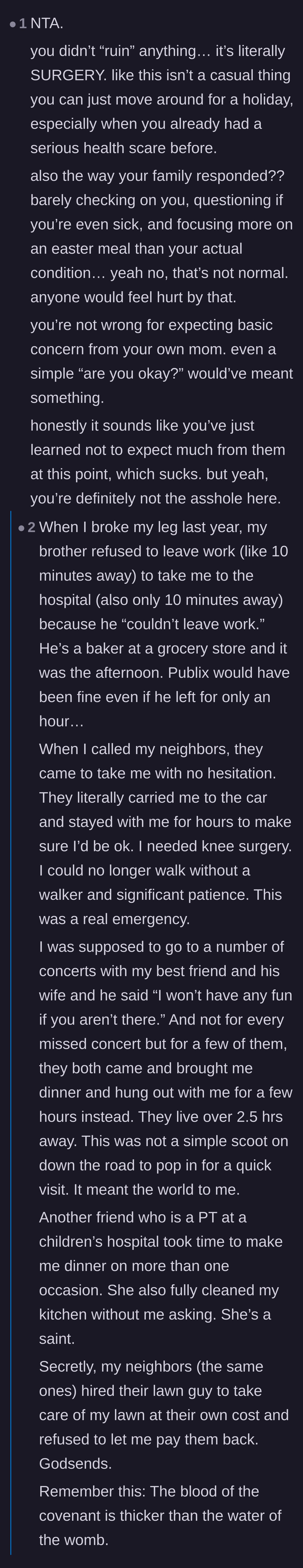 Comment thread 3 - A commenter sharing their own story of chosen family stepping up during a medical crisis when blood relatives failed