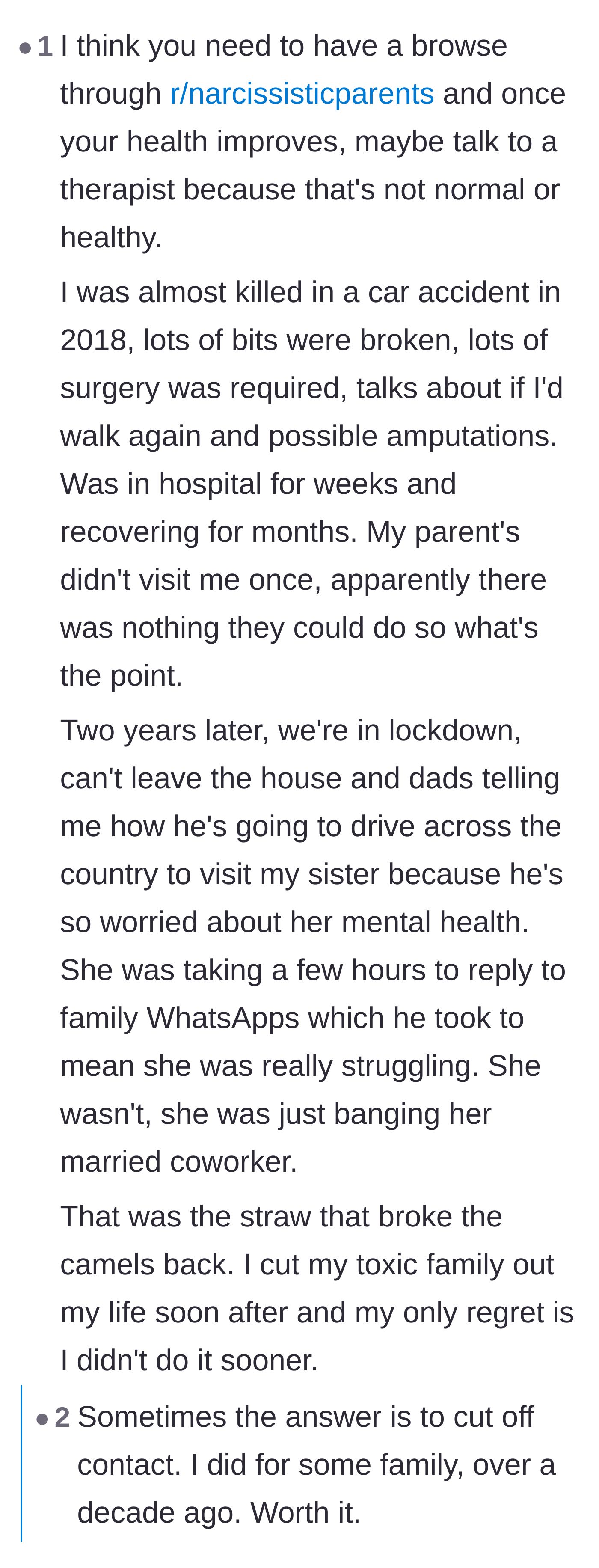 Comment thread 5 - A commenter sharing a heartbreaking parallel story of parental neglect to validate cutting off toxic family members
