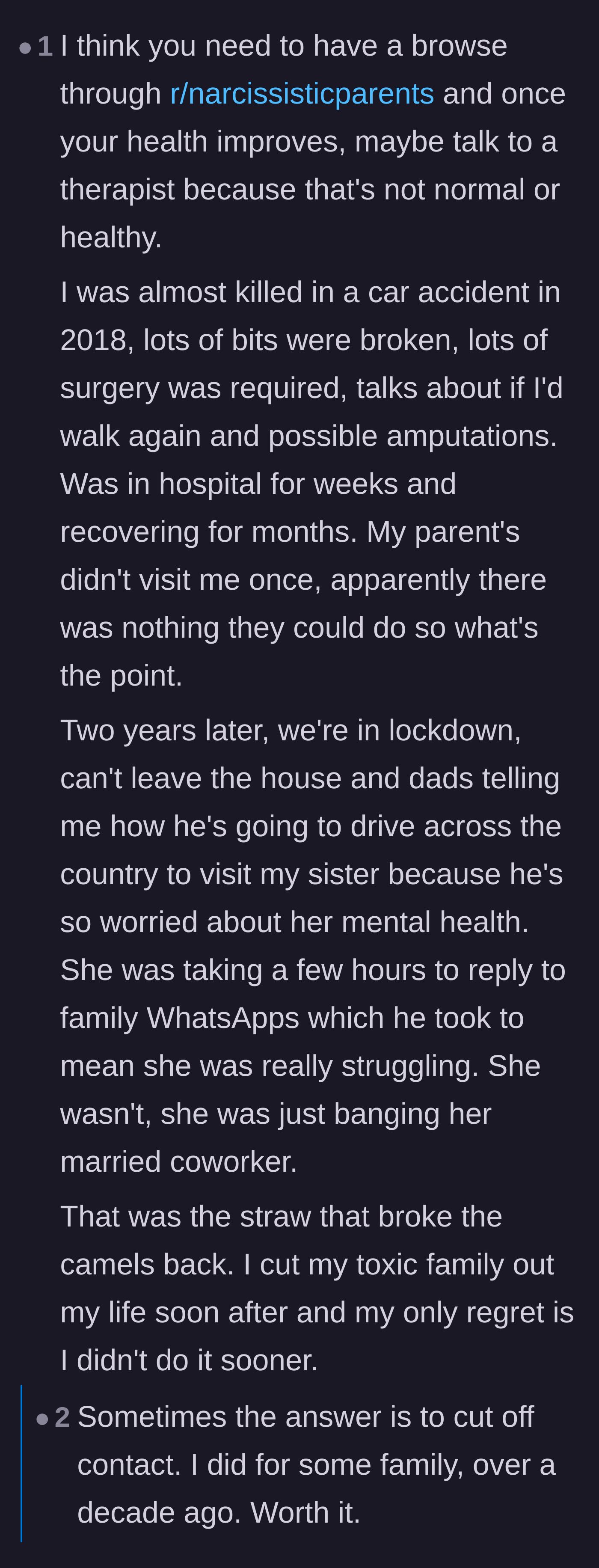Comment thread 5 - A commenter sharing a heartbreaking parallel story of parental neglect to validate cutting off toxic family members