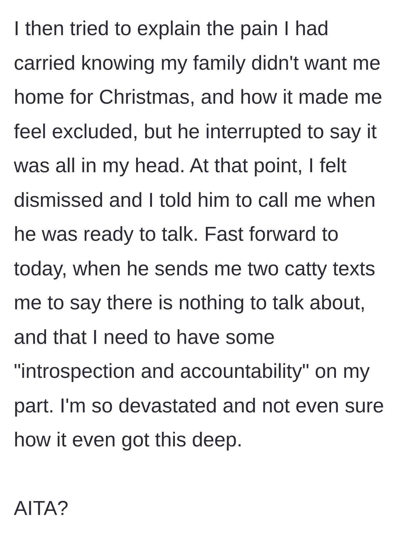 Story part 6 - The main character tries to share her deep hurt, but her father dismisses her feelings entirely and demands she take accountability instead.
