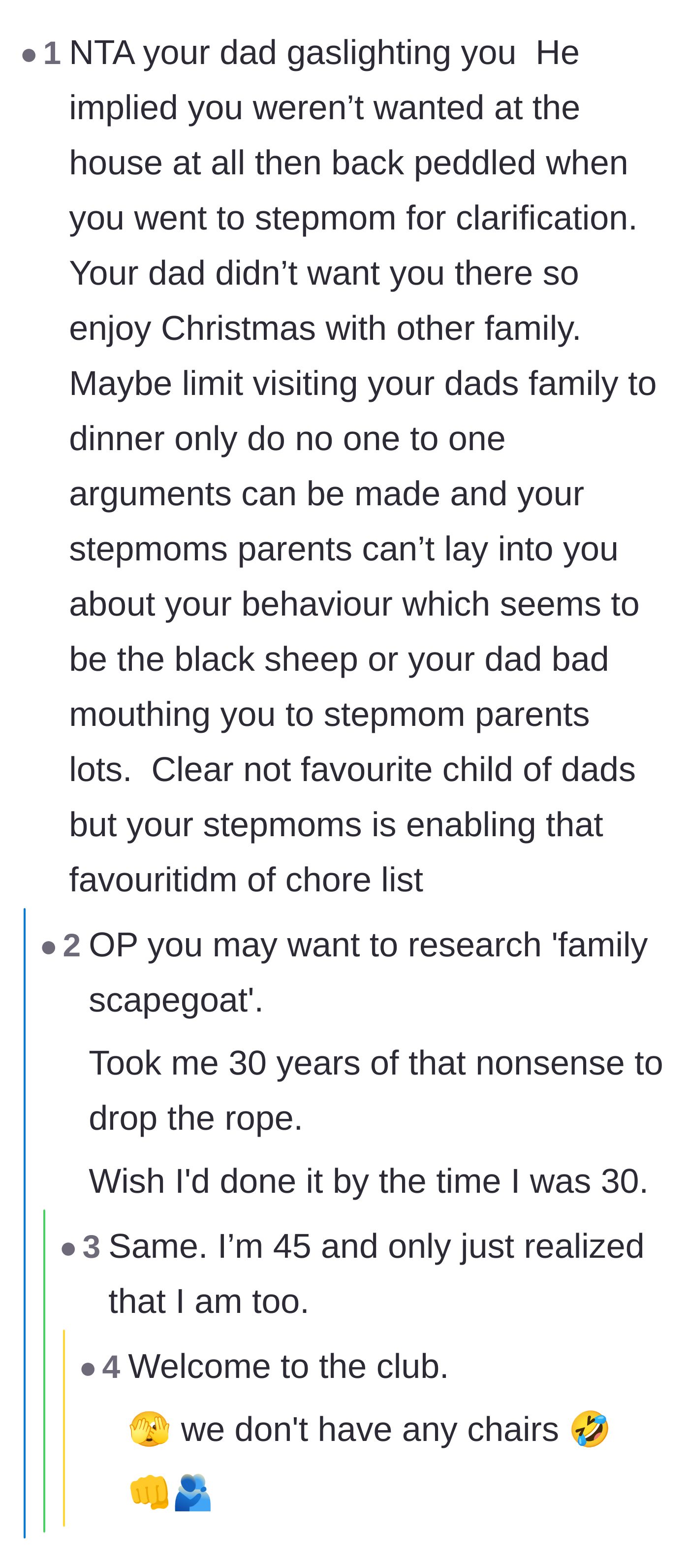 Comment thread 2 - A deep discussion about the 'family scapegoat' dynamic, with replies sharing their own delayed realizations of being toxic family targets.