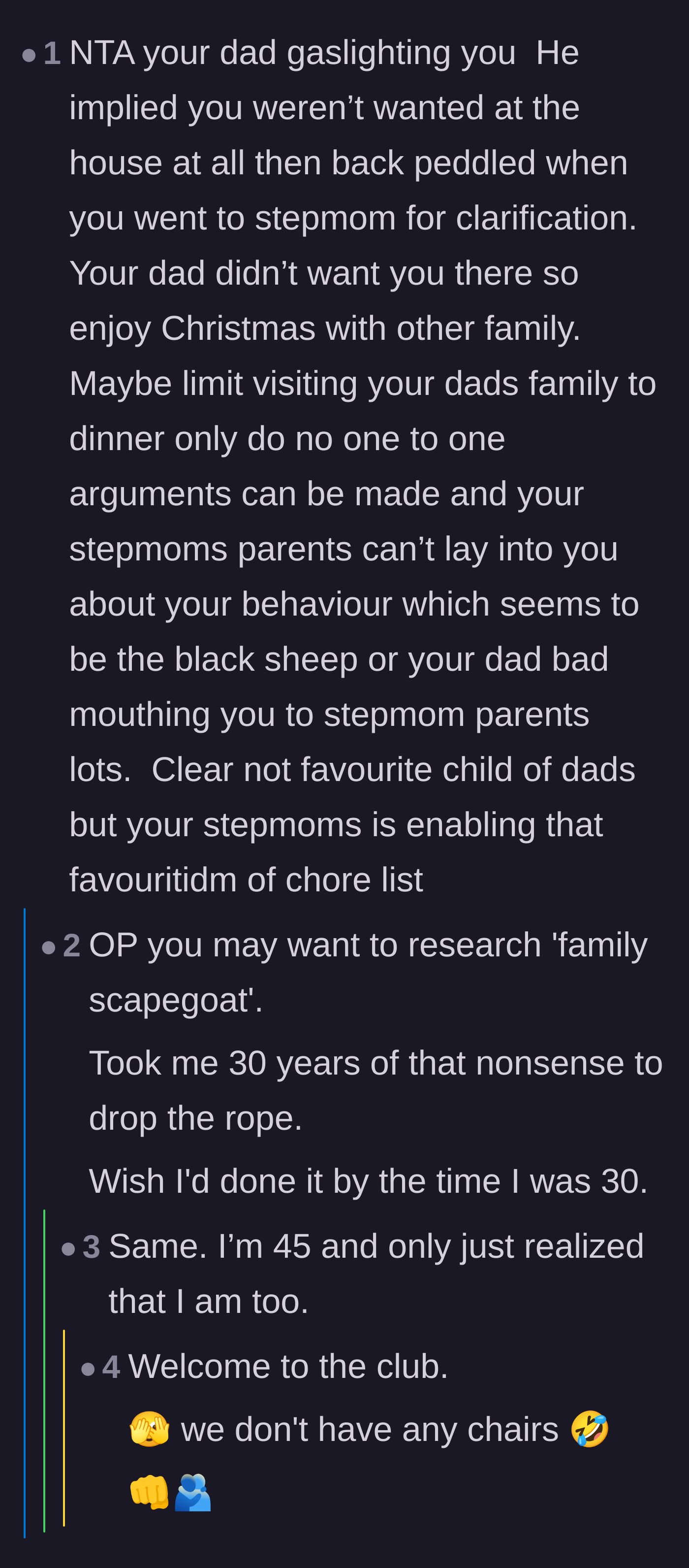 Comment thread 2 - A deep discussion about the 'family scapegoat' dynamic, with replies sharing their own delayed realizations of being toxic family targets.