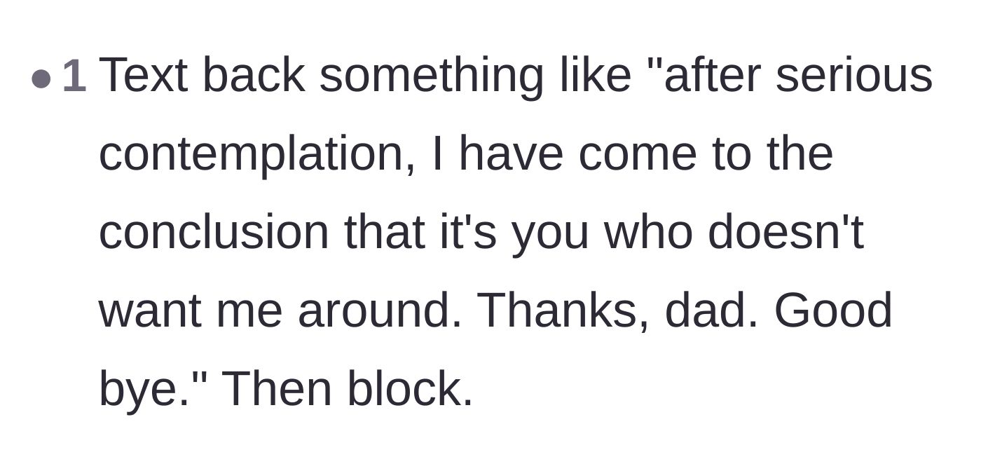 Comment thread 3 - A reader suggesting a final, mic-drop text message to the father before blocking his number.