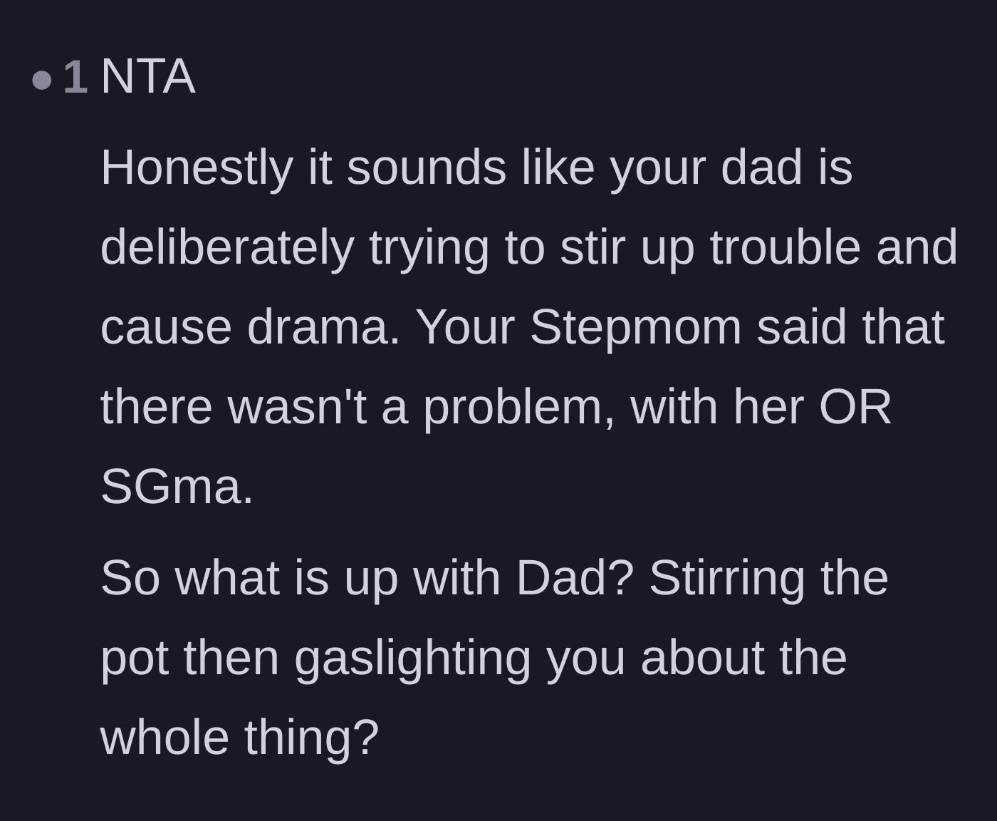 Comment thread 4 - Questioning why the father is deliberately stirring up drama when the stepmother and step-grandmother were completely over the situation.
