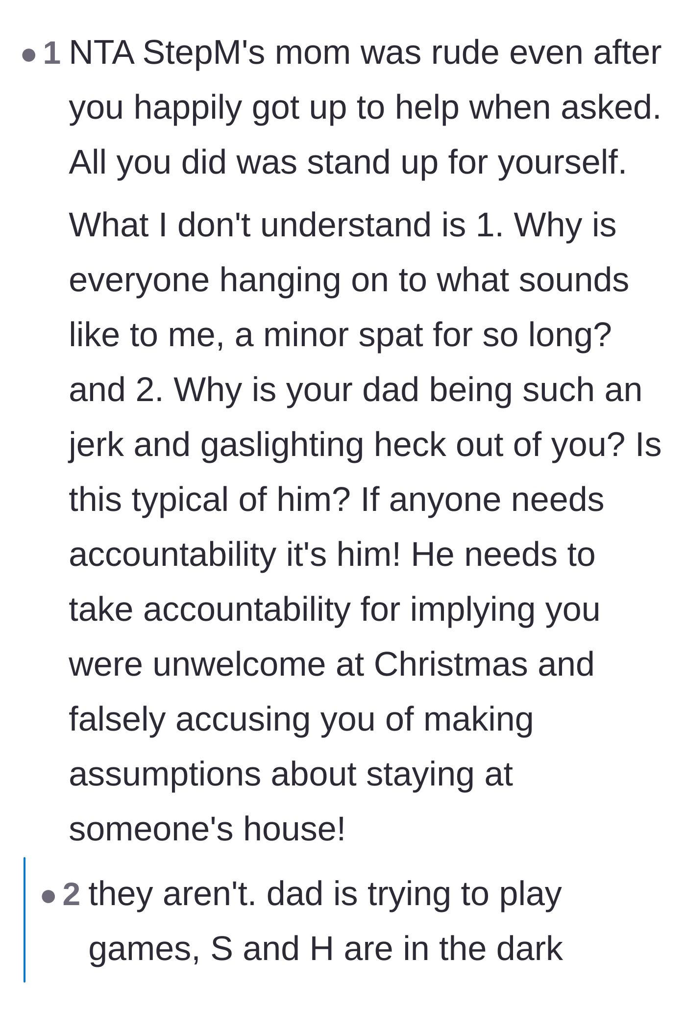 Comment thread 6 - A discussion highlighting that the father is the only one playing manipulative games while the step-family is completely in the dark.