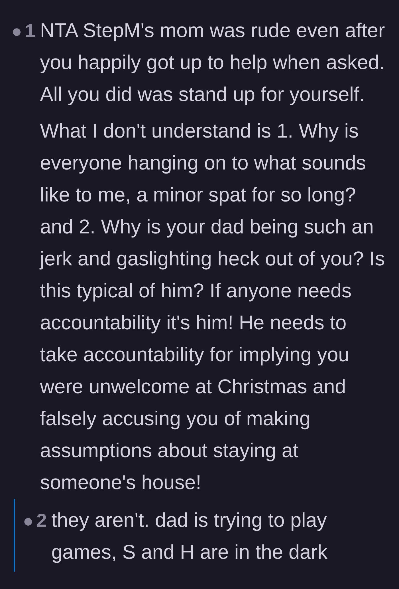 Comment thread 6 - A discussion highlighting that the father is the only one playing manipulative games while the step-family is completely in the dark.
