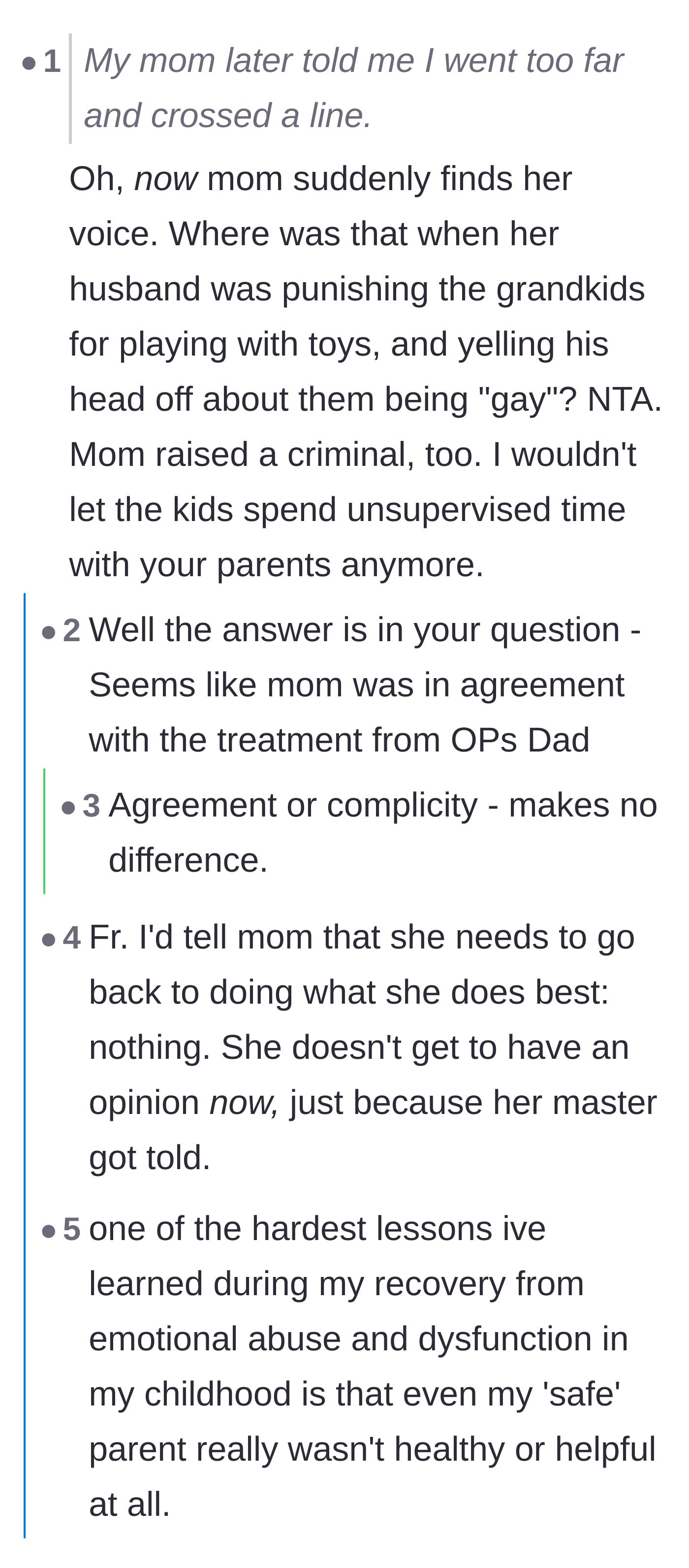 Comment thread 1 - Readers discussing the mother's silent complicity and the painful realization that the 'safe' parent in a toxic family is often just an enabler.