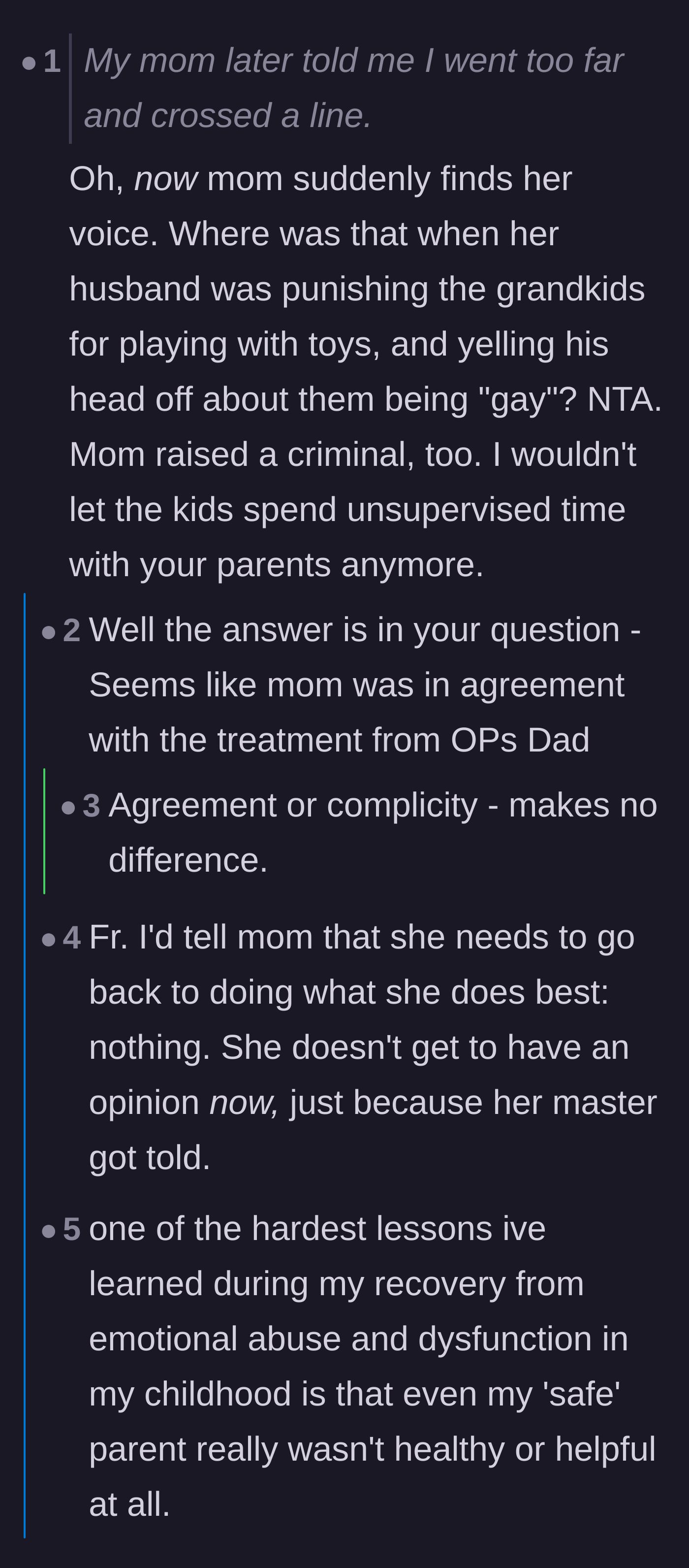Comment thread 1 - Readers discussing the mother's silent complicity and the painful realization that the 'safe' parent in a toxic family is often just an enabler.