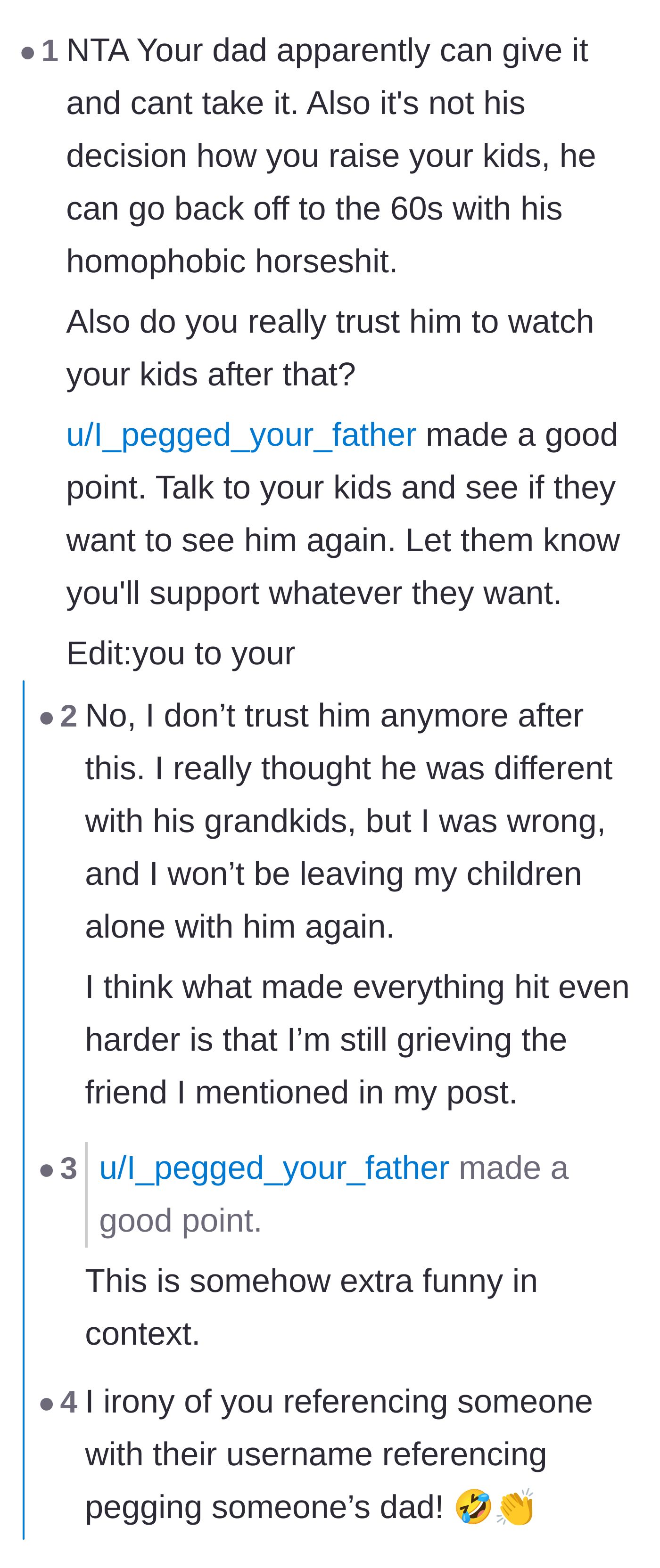 Comment thread 2 - A deep conversation about protecting the children from further harm, the grandfather's narcissism, and the ongoing grief of losing loved ones to bigotry.