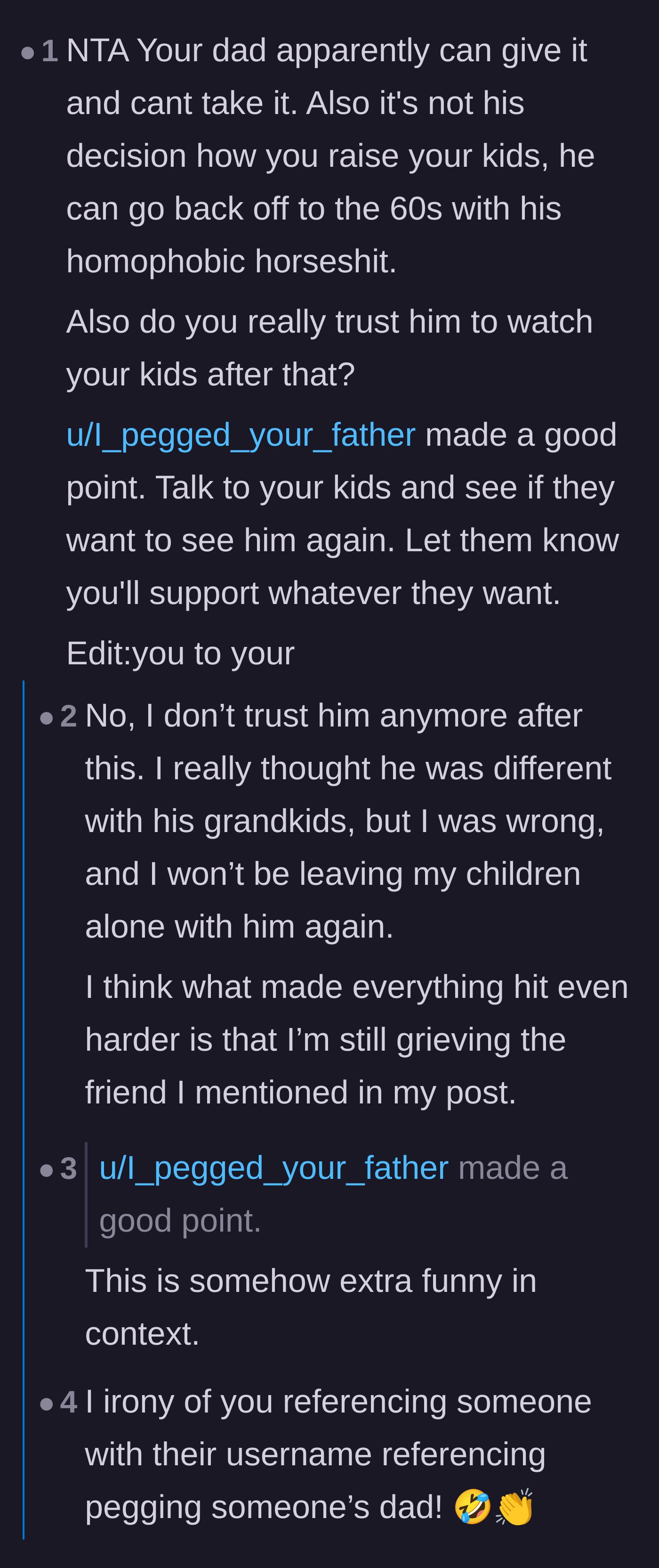 Comment thread 2 - A deep conversation about protecting the children from further harm, the grandfather's narcissism, and the ongoing grief of losing loved ones to bigotry.