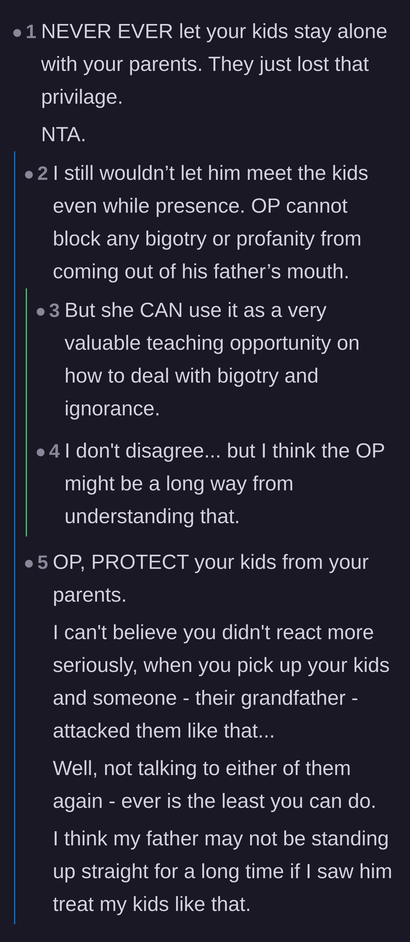 Comment thread 4 - A debate on setting absolute boundaries to completely protect the children from the grandfather's influence.