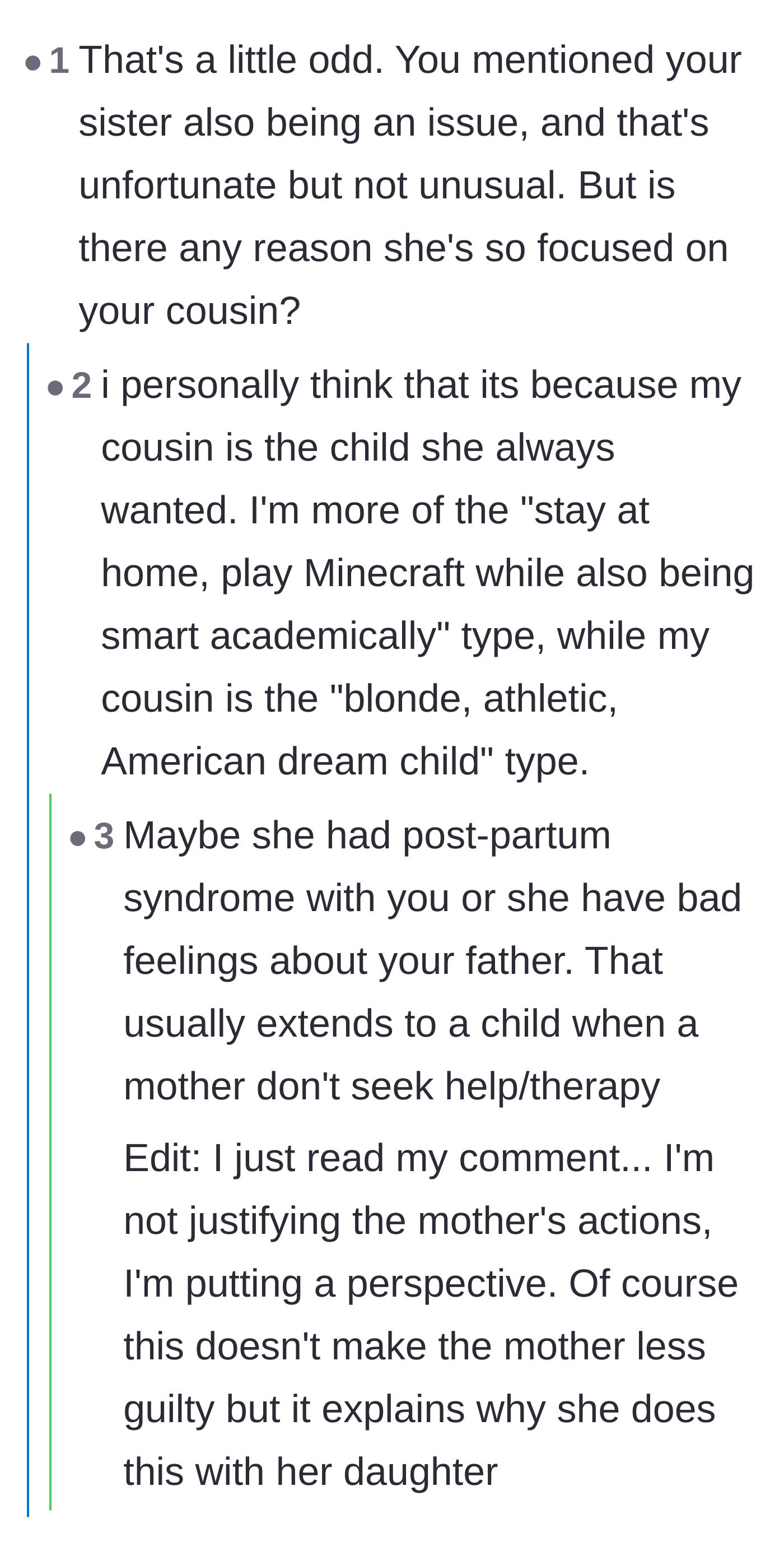 Comment thread 1 - A discussion about how the mother might be projecting her hatred for the cheating biological father onto her daughter.