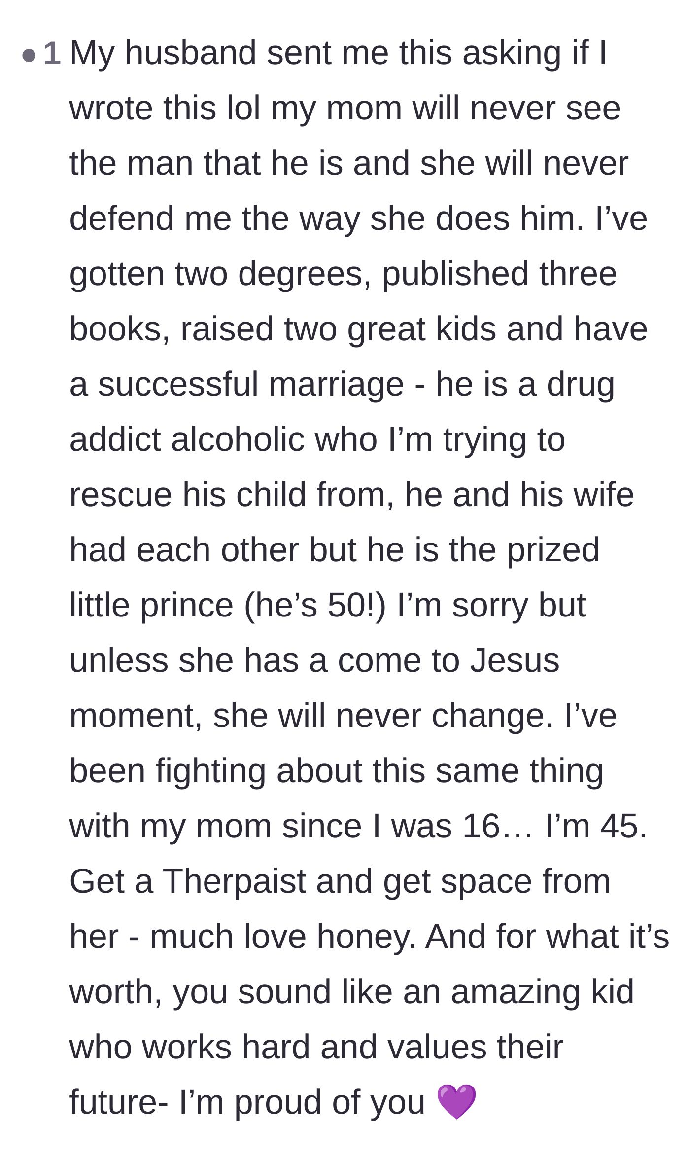 Comment thread 4 - A 45-year-old woman shares her lifelong struggle with a similar mother and offers the teenager the maternal praise she deserves.