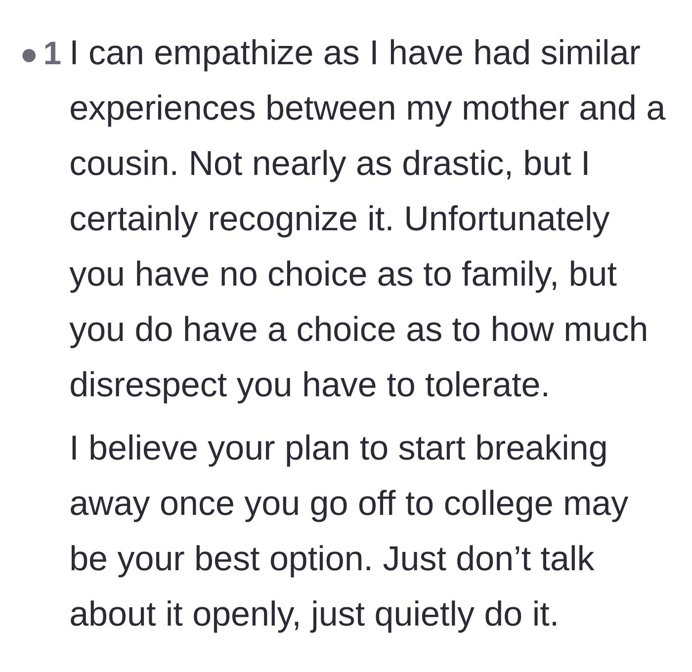 Comment thread 6 - Advice suggesting the daughter shouldn't announce her departure, but instead quietly fade out of her mother's life.