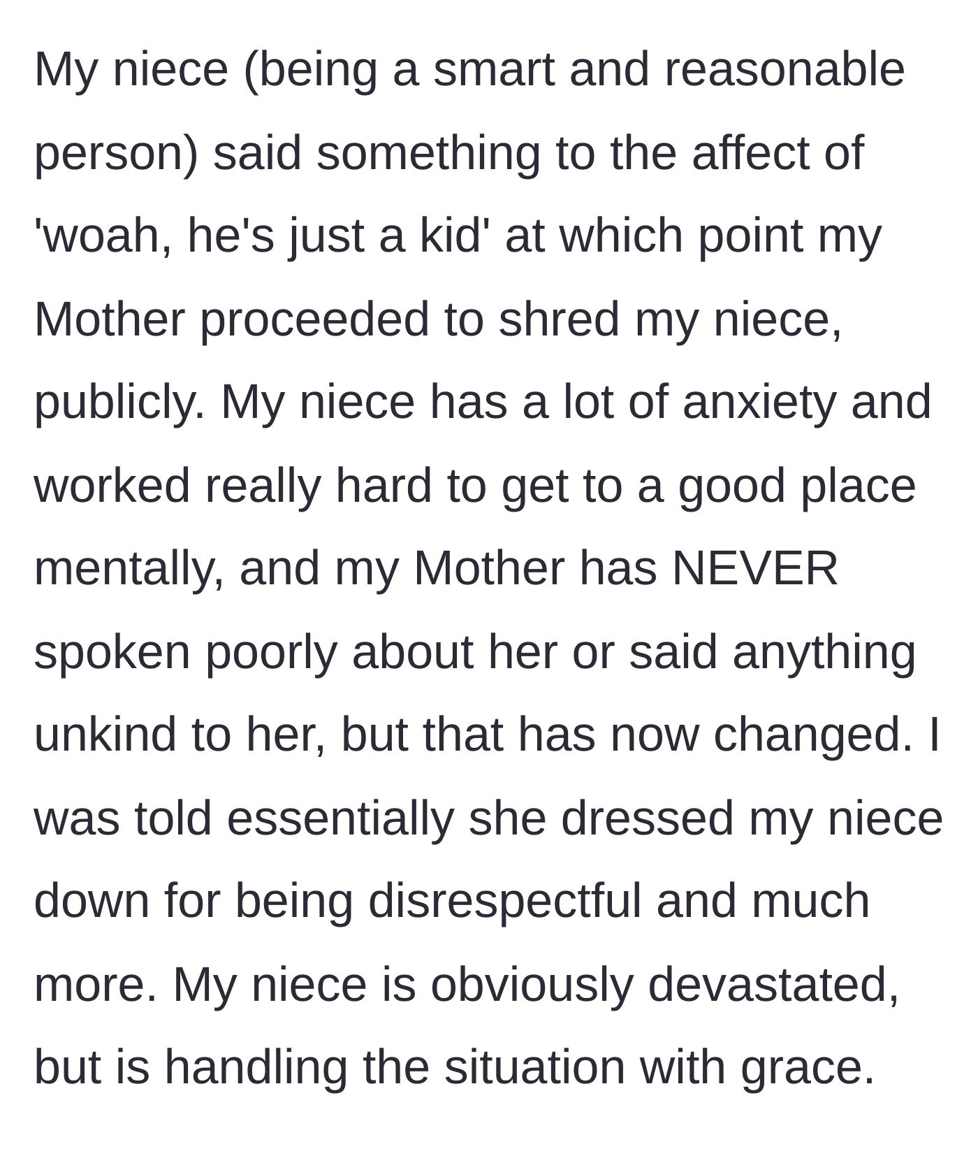 Story part 13 - The mother viciously attacks her anxious niece in public over a minor disagreement.