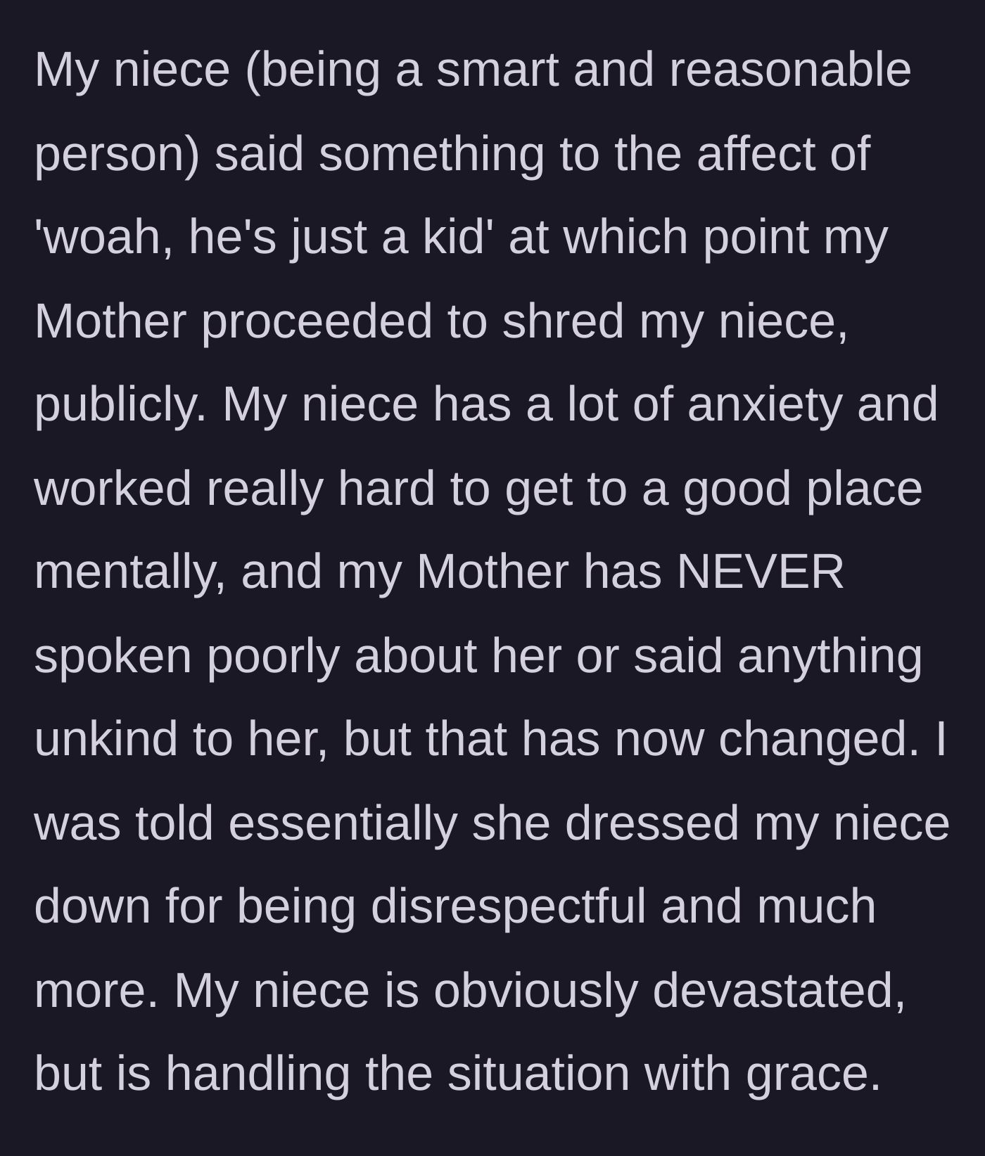 Story part 13 - The mother viciously attacks her anxious niece in public over a minor disagreement.