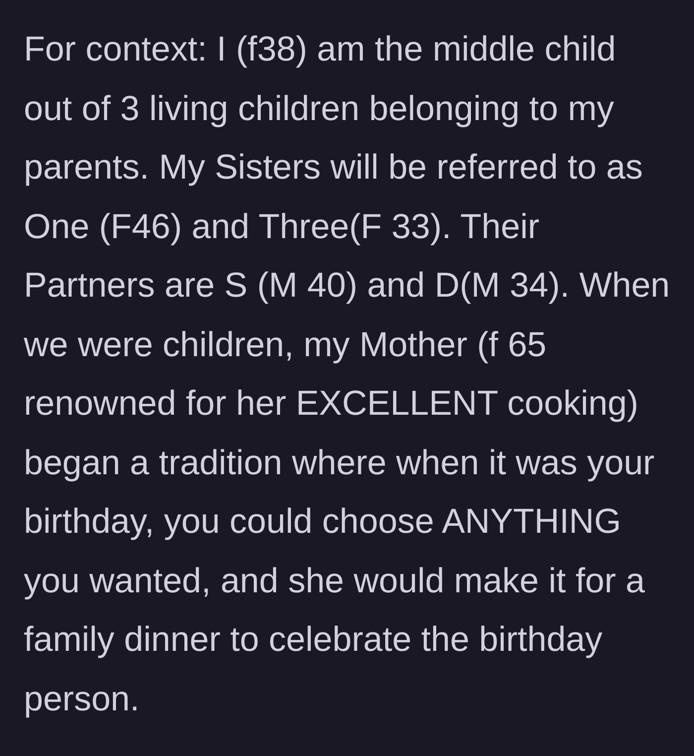Story part 1 - Explaining the family dynamic and the mother's birthday dinner tradition.