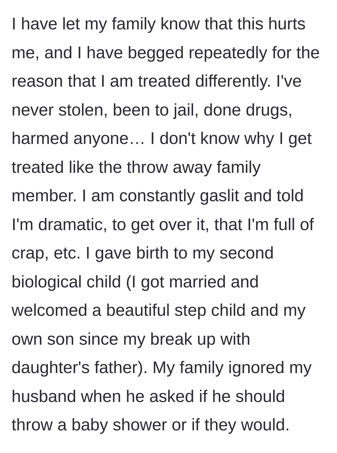 Story part 5 - She confronts her family about being treated like trash, gets gaslit, and her husband's baby shower question is ignored.