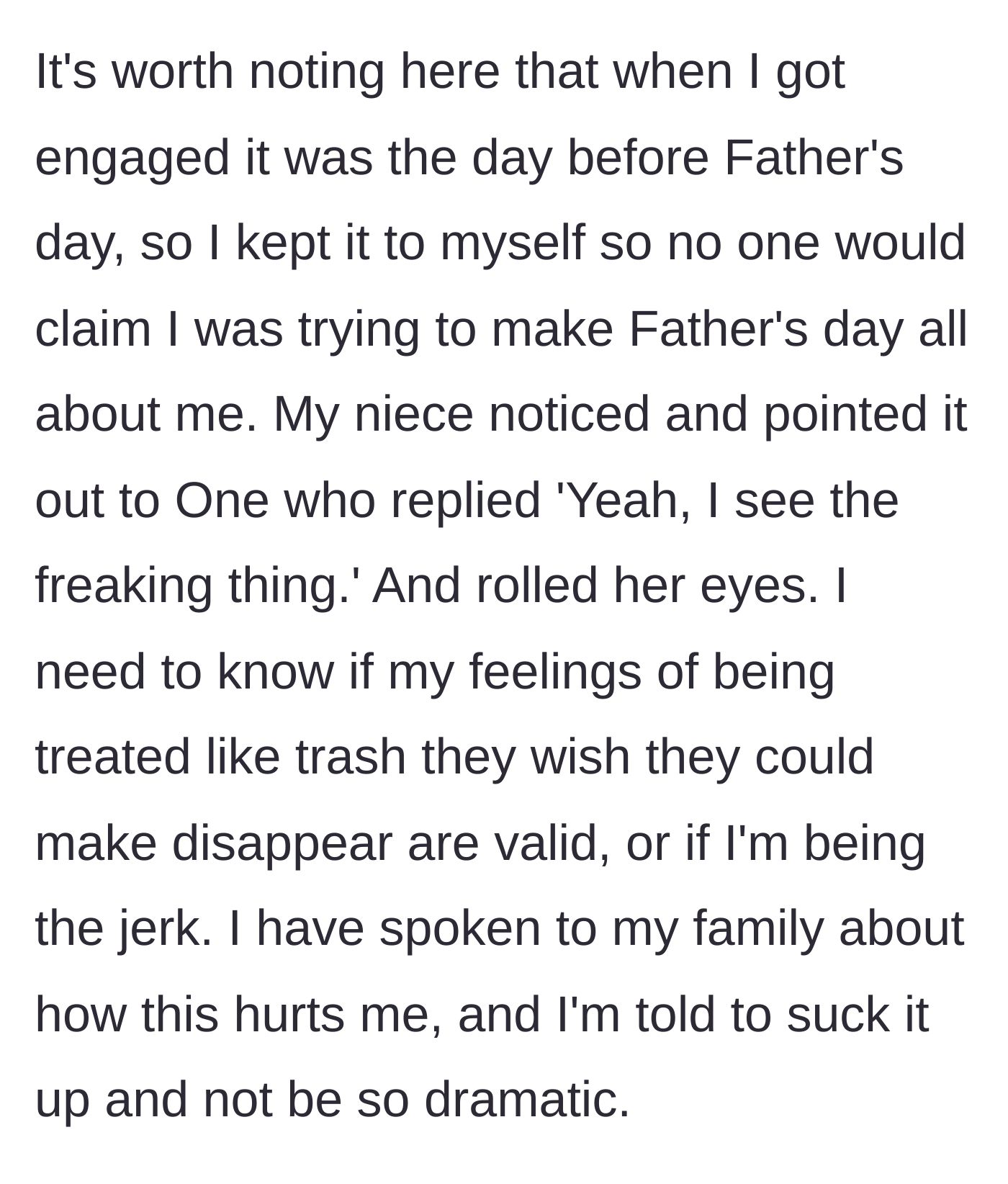 Story part 9 - She recalls hiding her own engagement so as not to overshadow Father's Day, only for her sister to roll her eyes at the ring.